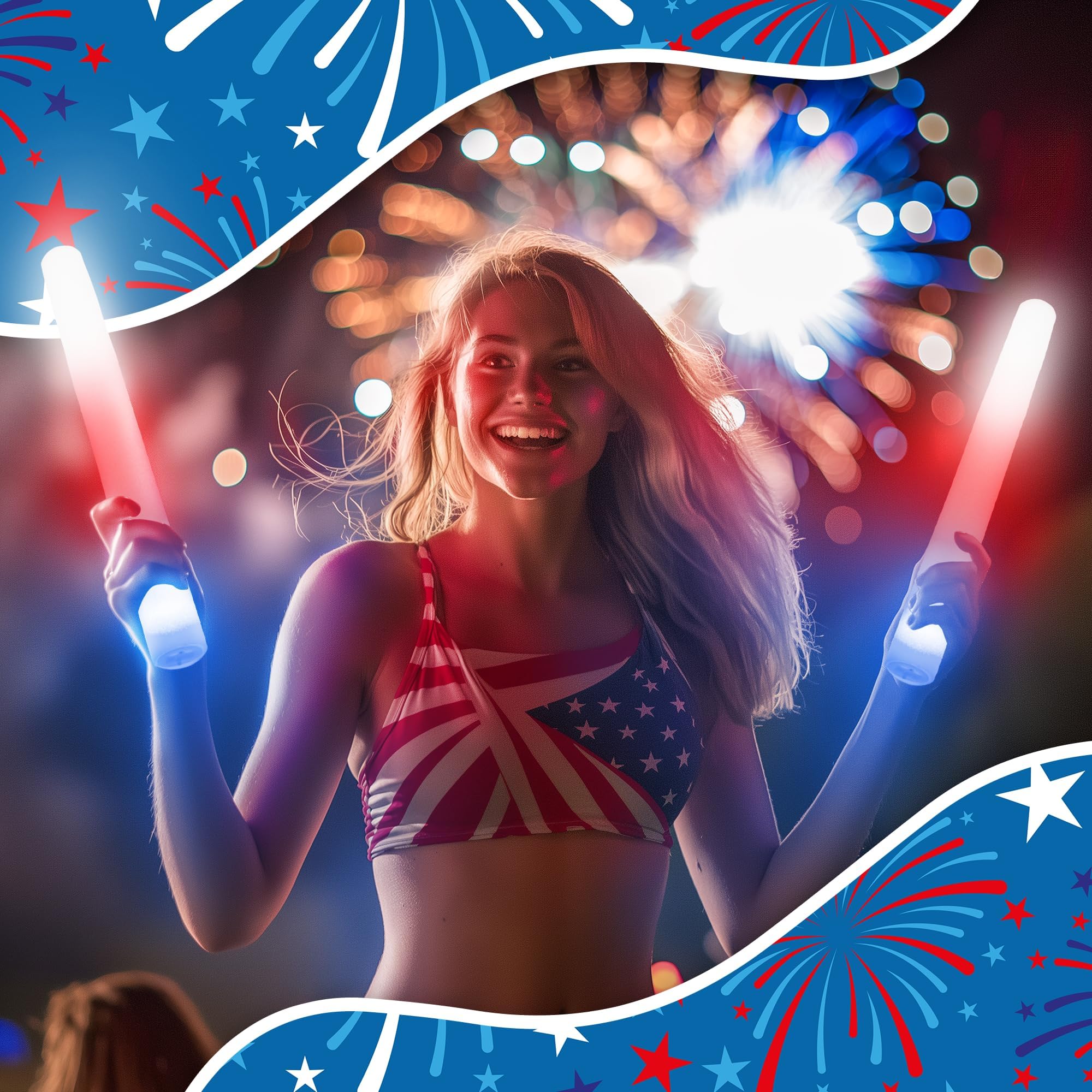 Fun Central LED Foam Sticks - 12 Pack, 16-Inch, 3 Light-Up Modes For Mardi Gras & St Patricks Day (Red/White/Blue) Red/White/Blue - Image 7
