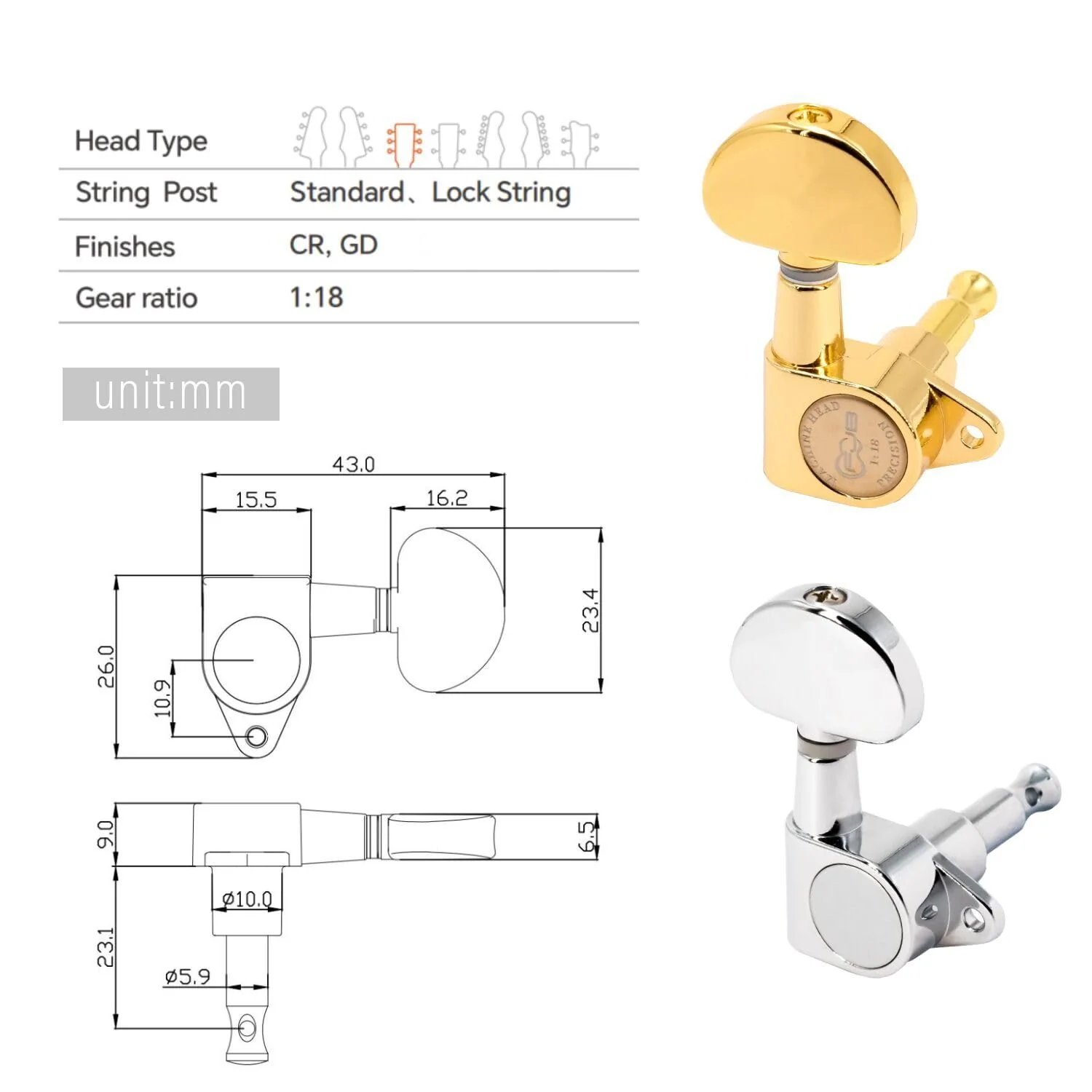 FXJXB 18:1 Guitar Tuning Pegs 3x3 Tuning Keys Guitar Tuners Replacement for Acoustic or Electric Guitar for ST TL SG LP Style- Chrome(3R+3L) 3L+3R - Image 8
