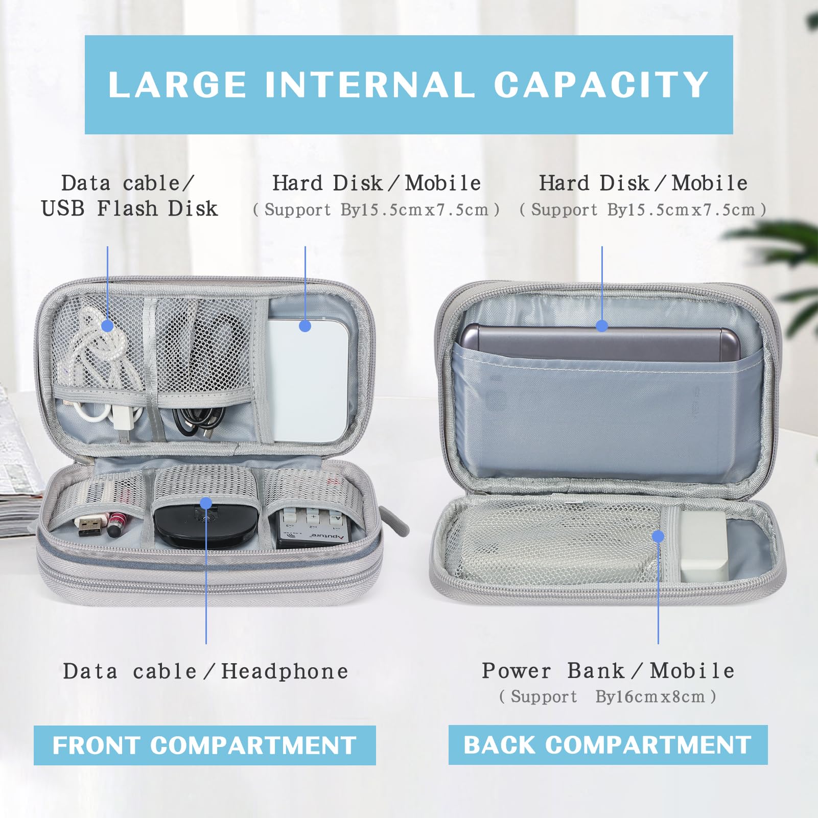 FYY Electronic Organizer, Travel Cable Organizer Bag Pouch Electronic Accessories Carry Case Portable Waterproof Double Layers All-in-One Storage Bag for Cable, Charger, Phone, Earphone Light Grey Small - Image 3