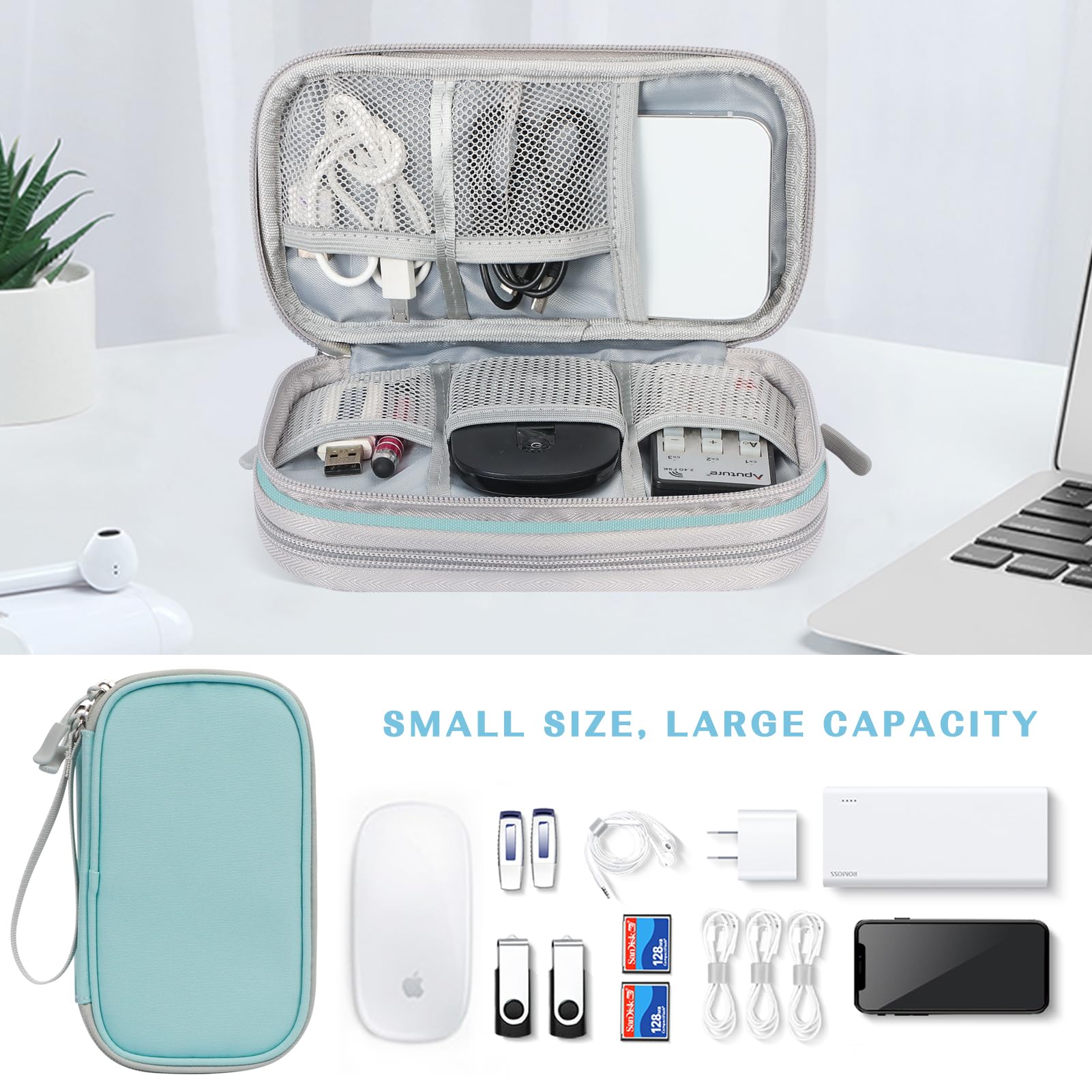 FYY Electronic Organizer, Travel Cable Organizer Bag Pouch Electronic Accessories Carry Case Portable Waterproof Double Layers All-in-One Storage Bag for Cable, Charger, Phone, Earphone, Mint Green Small - Image 6
