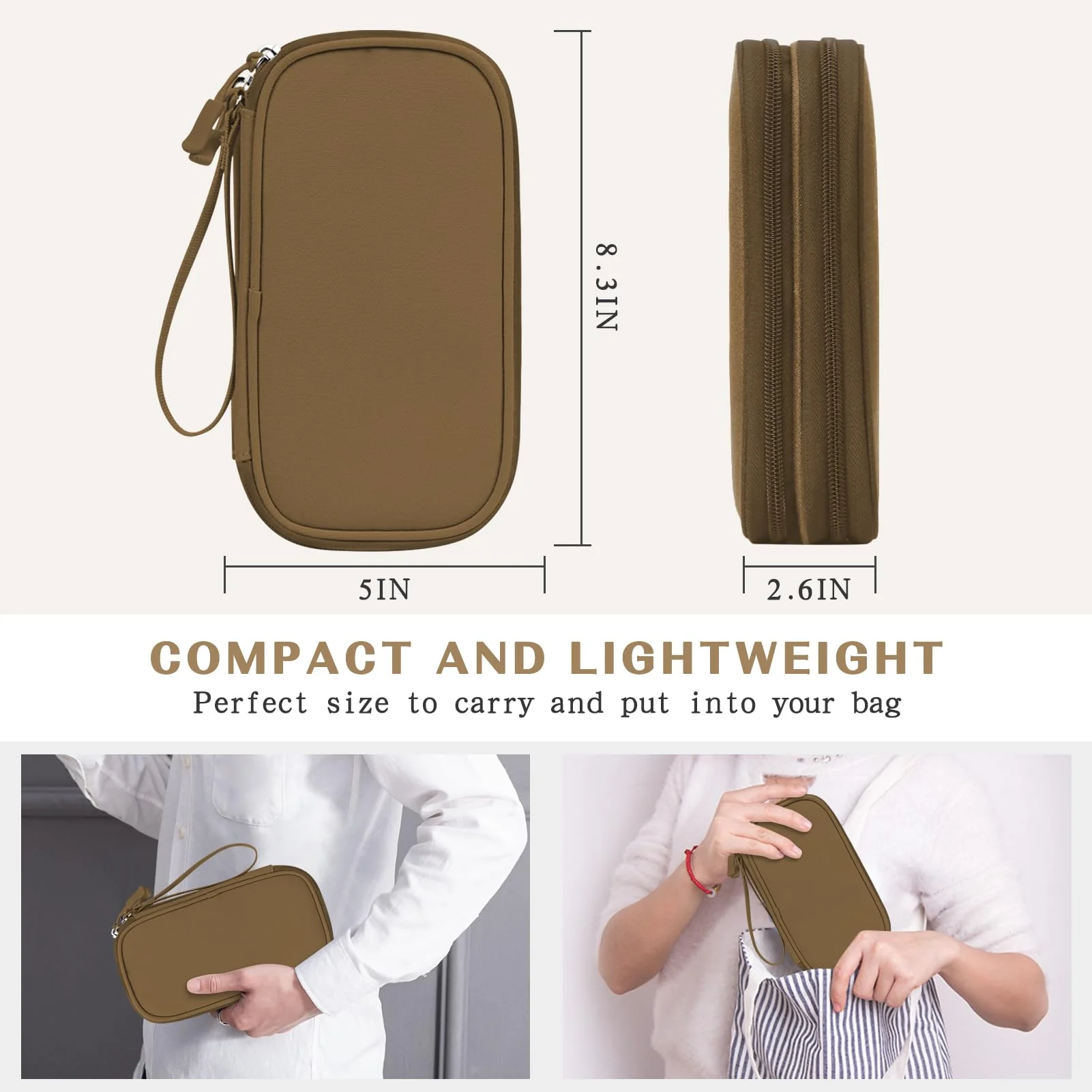 FYY Electronic Organizer, Travel Cable Organizer Bag Pouch Electronic Accessories Carry Case Portable Waterproof Double Layers Storage Bag for Cable, Charger, Phone, Earphone, Medium Size- Brown - Image 2