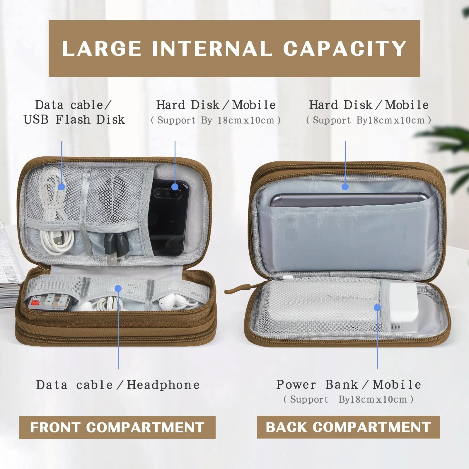 FYY Electronic Organizer, Travel Cable Organizer Bag Pouch Electronic Accessories Carry Case Portable Waterproof Double Layers Storage Bag for Cable, Charger, Phone, Earphone, Medium Size- Brown - Image 3