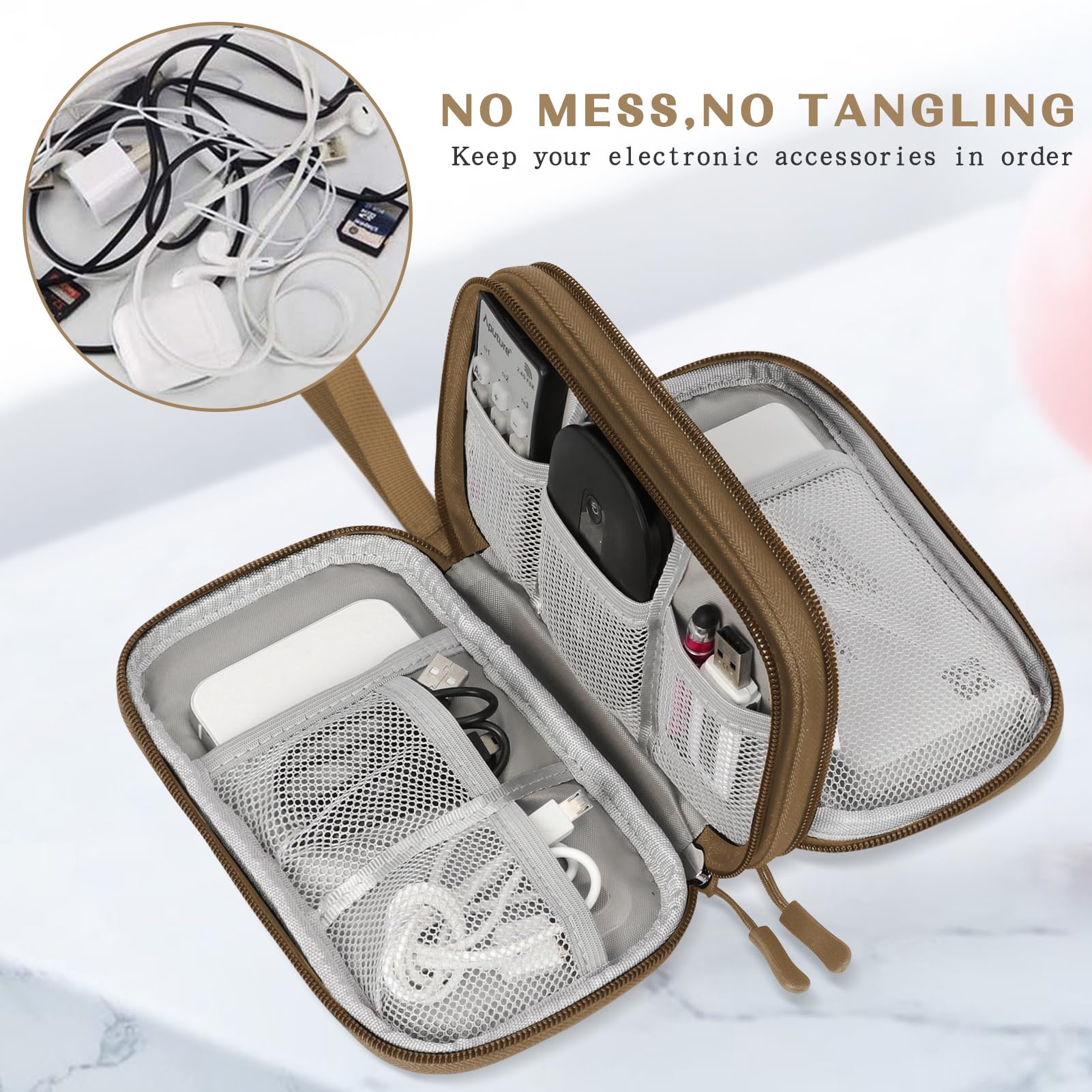 FYY Electronic Organizer, Travel Cable Organizer Bag Pouch Electronic Accessories Carry Case Portable Waterproof Double Layers Storage Bag for Cable, Charger, Phone, Earphone, Medium Size- Brown - Image 5