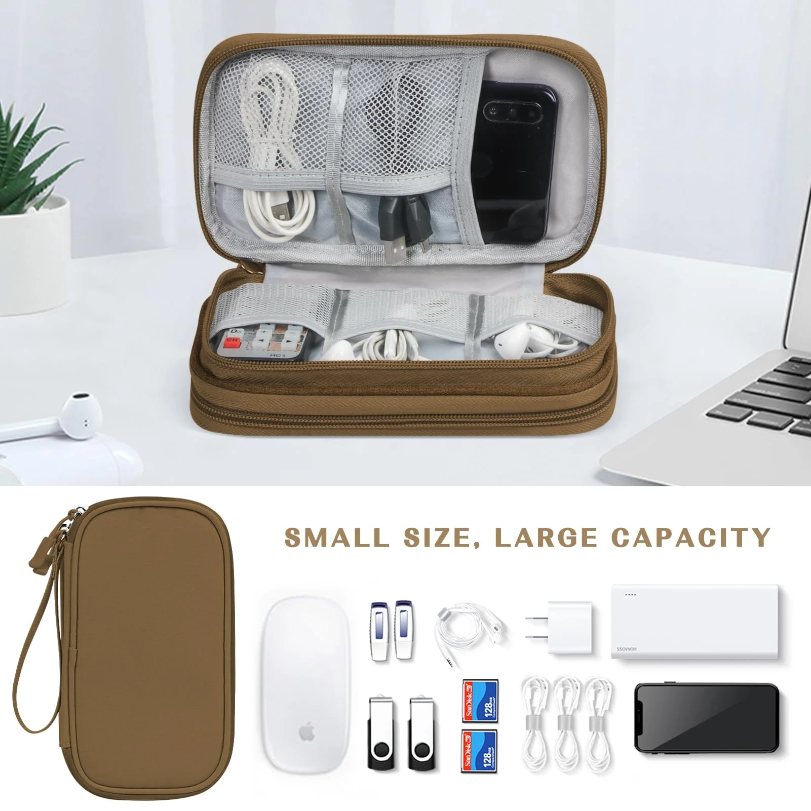 FYY Electronic Organizer, Travel Cable Organizer Bag Pouch Electronic Accessories Carry Case Portable Waterproof Double Layers Storage Bag for Cable, Charger, Phone, Earphone, Medium Size- Brown - Image 6