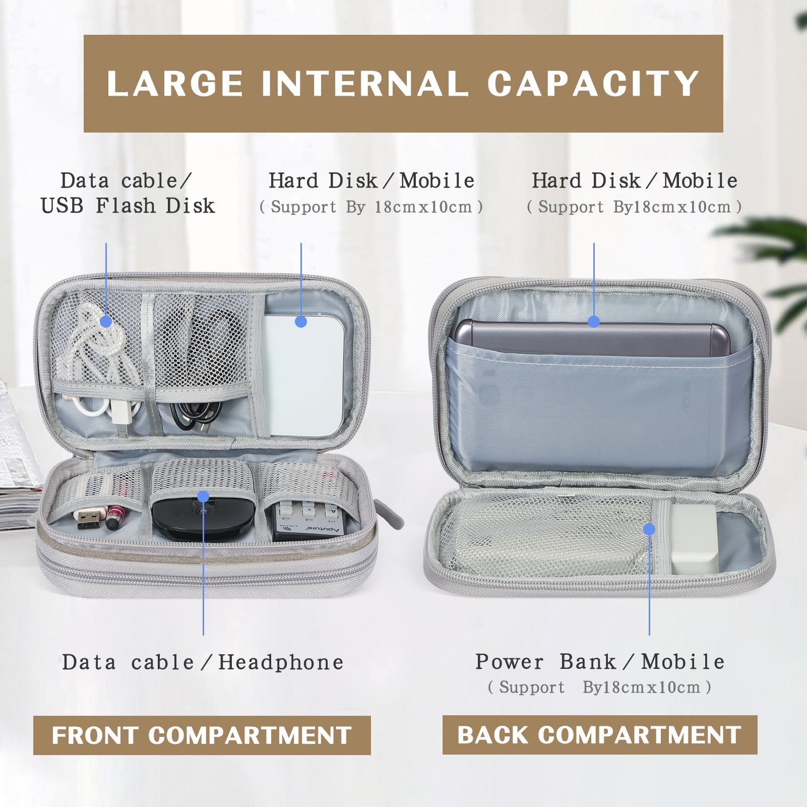 FYY Electronic Organizer, Travel Cable Organizer Bag Pouch Electronic Accessories Carry Case Portable Waterproof Double Layers Storage Bag for Cable, Charger, Phone, Earphone, Medium Size- Khaki - Image 3