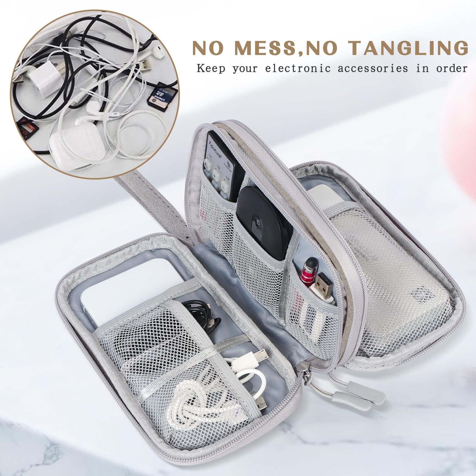 FYY Electronic Organizer, Travel Cable Organizer Bag Pouch Electronic Accessories Carry Case Portable Waterproof Double Layers Storage Bag for Cable, Charger, Phone, Earphone, Medium Size- Khaki - Image 5