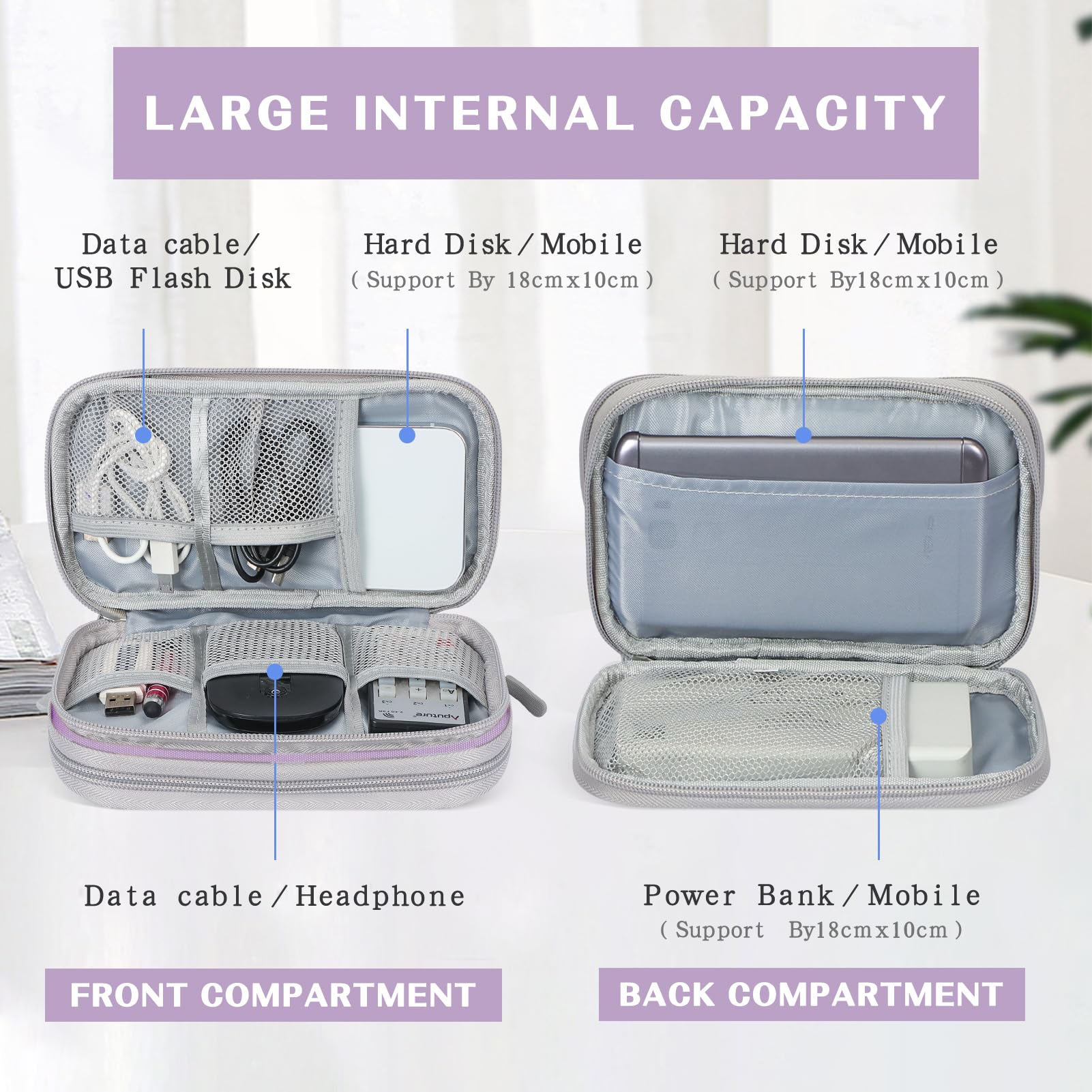 FYY Electronic Organizer, Travel Cable Organizer Bag Pouch Electronic Accessories Carry Case Portable Waterproof Double Layers Storage Bag for Cable, Charger, Phone, Medium Size- Light Purple - Image 3
