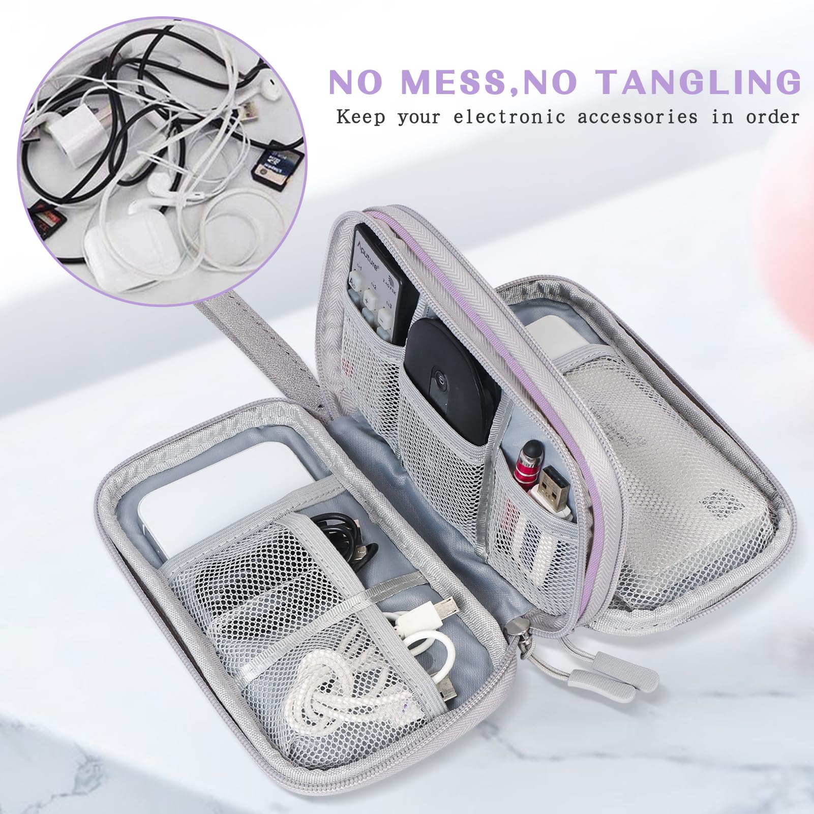 FYY Electronic Organizer, Travel Cable Organizer Bag Pouch Electronic Accessories Carry Case Portable Waterproof Double Layers Storage Bag for Cable, Charger, Phone, Medium Size- Light Purple - Image 5