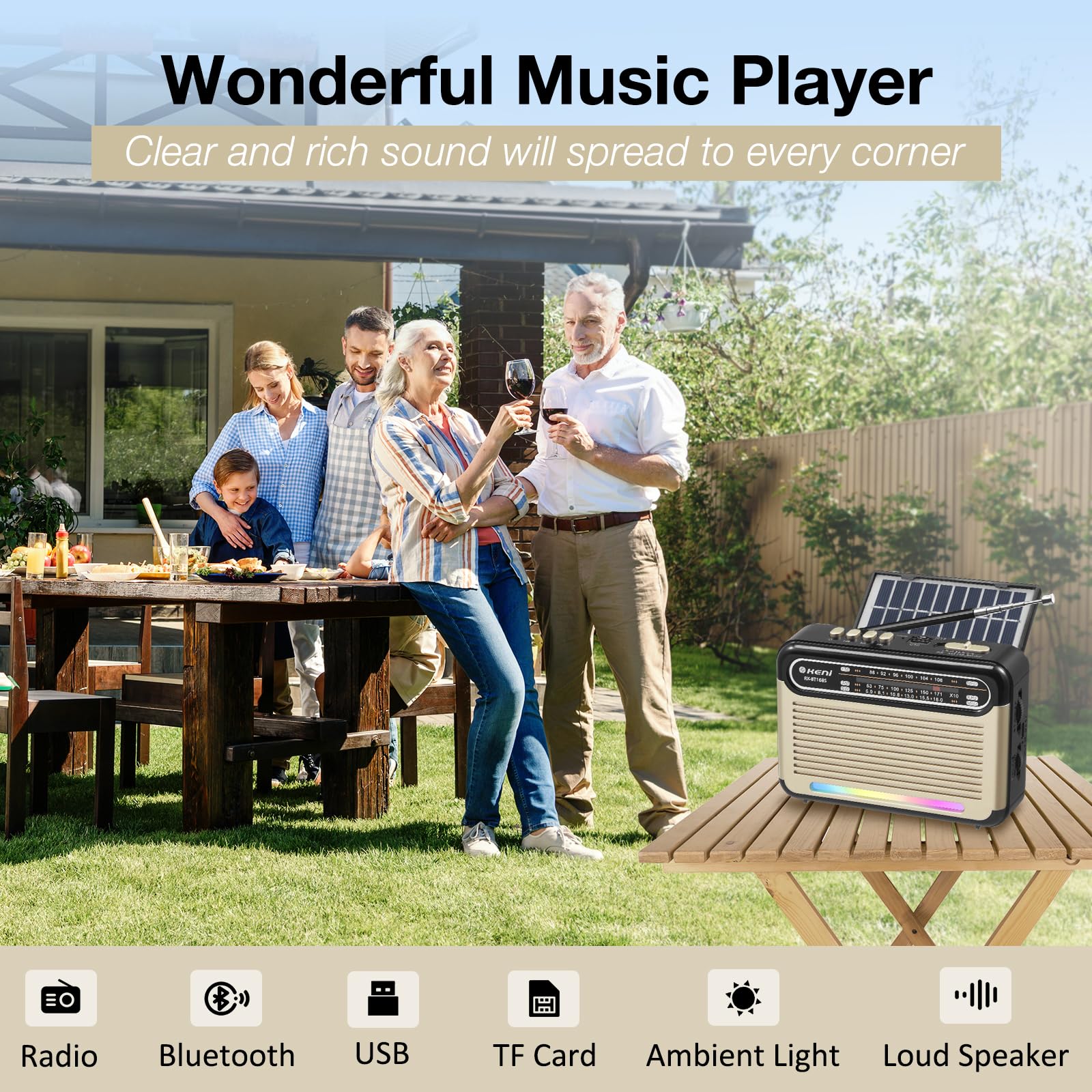 G Keni Portable Solar Radio AM FM SW with Rechargeable Battery Operated, Shortwave Bluetooth Radio Strong Reception, USB/TF Card Input, Solar Panel, Big Speaker with Ambient Light (Golden&Black) Golden&Black - Image 2
