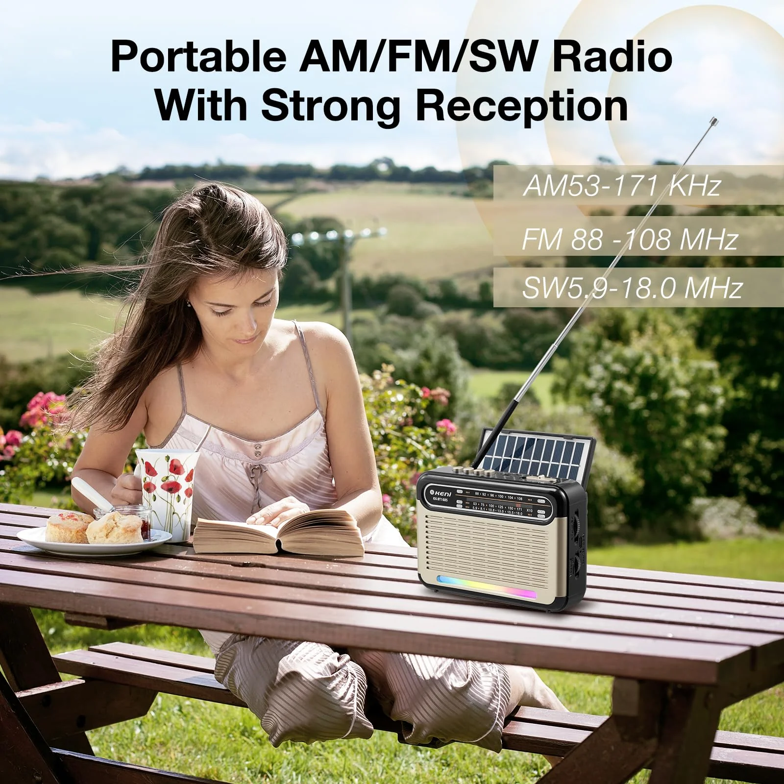 G Keni Portable Solar Radio AM FM SW with Rechargeable Battery Operated, Shortwave Bluetooth Radio Strong Reception, USB/TF Card Input, Solar Panel, Big Speaker with Ambient Light (Golden&Black) Golden&Black - Image 3