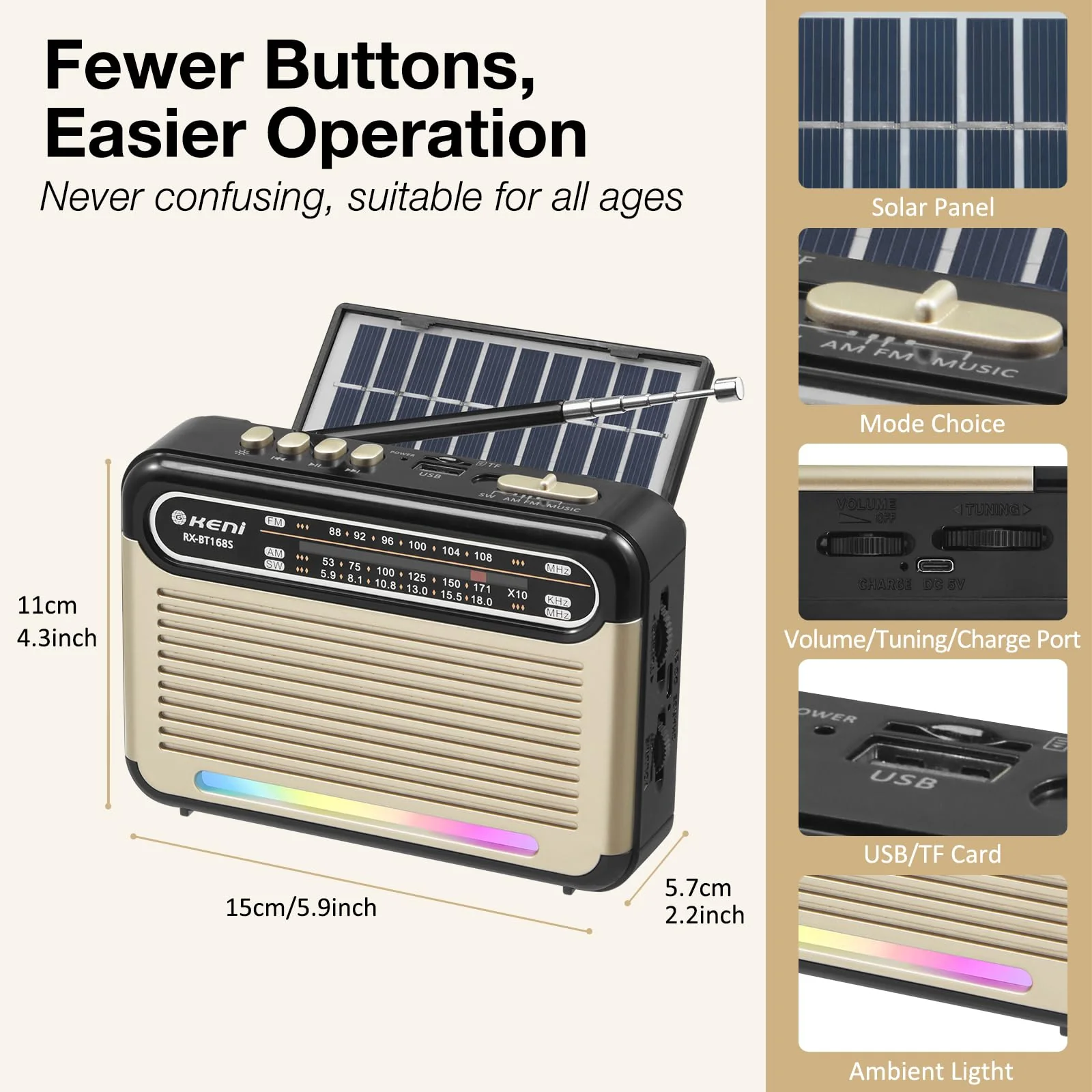 G Keni Portable Solar Radio AM FM SW with Rechargeable Battery Operated, Shortwave Bluetooth Radio Strong Reception, USB/TF Card Input, Solar Panel, Big Speaker with Ambient Light (Golden&Black) Golden&Black - Image 6