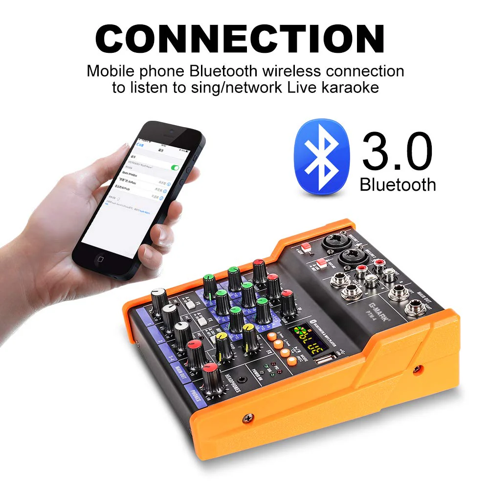 G-MARK Analog Mixer Audio 4 Channel DJ Audio Mixer Bluetooth Studio Karaoke For PC Live Performance KTV Home Stage Music Effects Sound Card Protable Mixing Console PTM-4 - Image 4