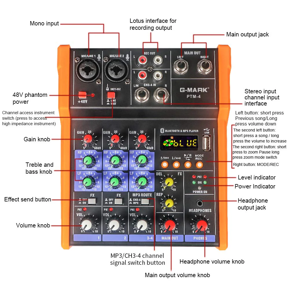 G-MARK Analog Mixer Audio 4 Channel DJ Audio Mixer Bluetooth Studio Karaoke For PC Live Performance KTV Home Stage Music Effects Sound Card Protable Mixing Console PTM-4 - Image 5