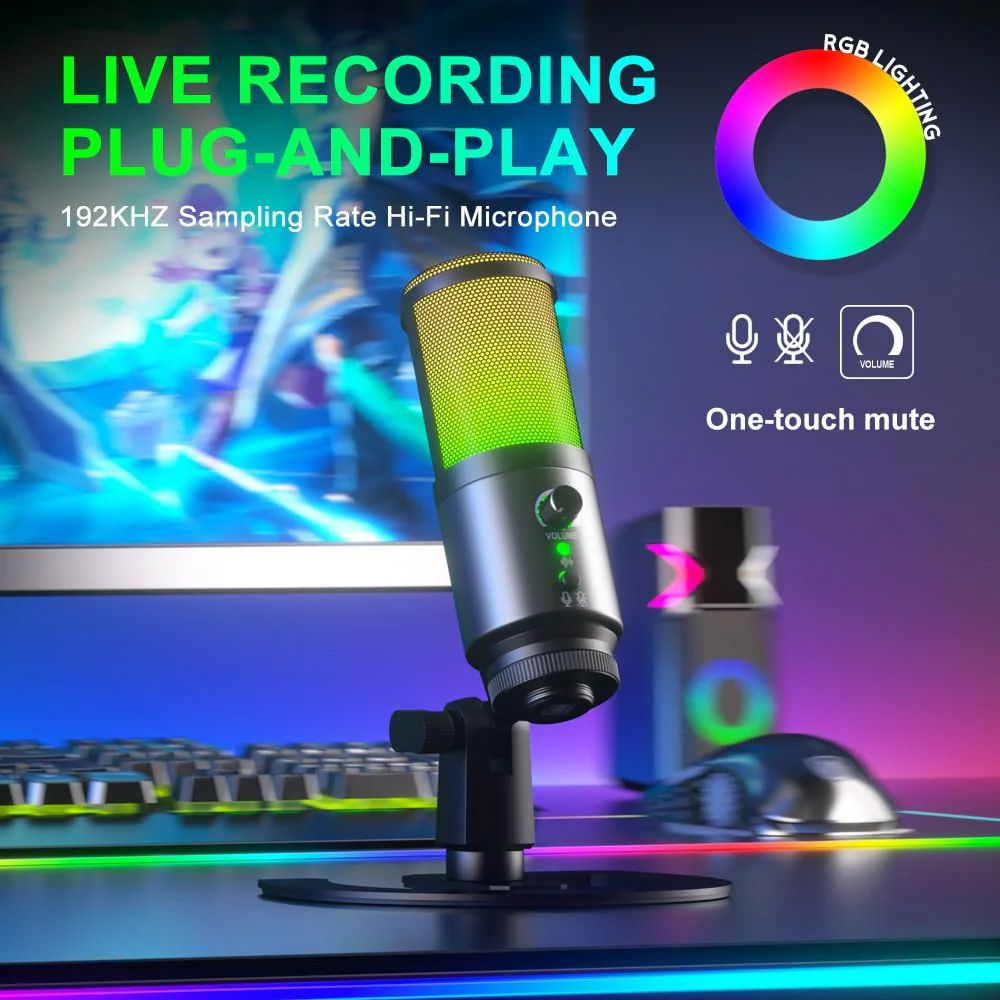 G-MARK MK6 RGB USB Condenser Microphone, Gaming Microphone for Podcasts, Streaming, Broadcasting, Condenser Mic with Cardioid, Omnidirectional, Compatible with PS4/5/PC - Image 2
