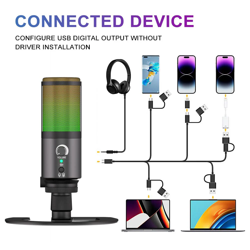 G-MARK MK6 RGB USB Condenser Microphone, Gaming Microphone for Podcasts, Streaming, Broadcasting, Condenser Mic with Cardioid, Omnidirectional, Compatible with PS4/5/PC - Image 7