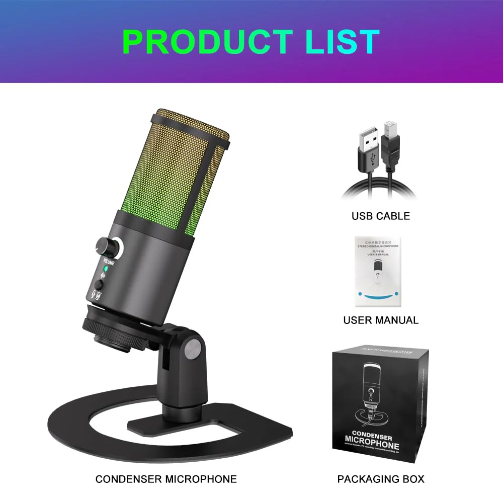 G-MARK MK6 RGB USB Condenser Microphone, Gaming Microphone for Podcasts, Streaming, Broadcasting, Condenser Mic with Cardioid, Omnidirectional, Compatible with PS4/5/PC - Image 9