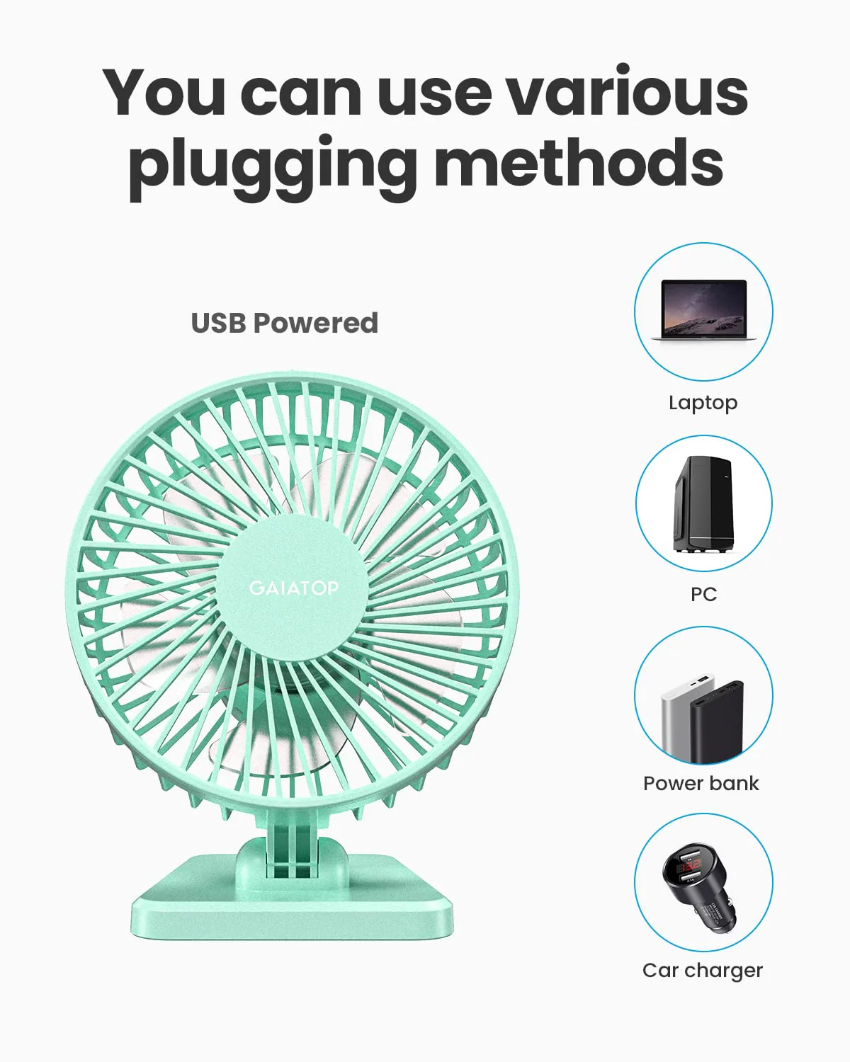 Gaiatop USB Desk Fan, Small But Powerful, Personal Portable Quiet 3 Speeds, Adjustment Mini Table Desktop for Better Cooling Home Office Car Indoor Outdoor Green - Image 6