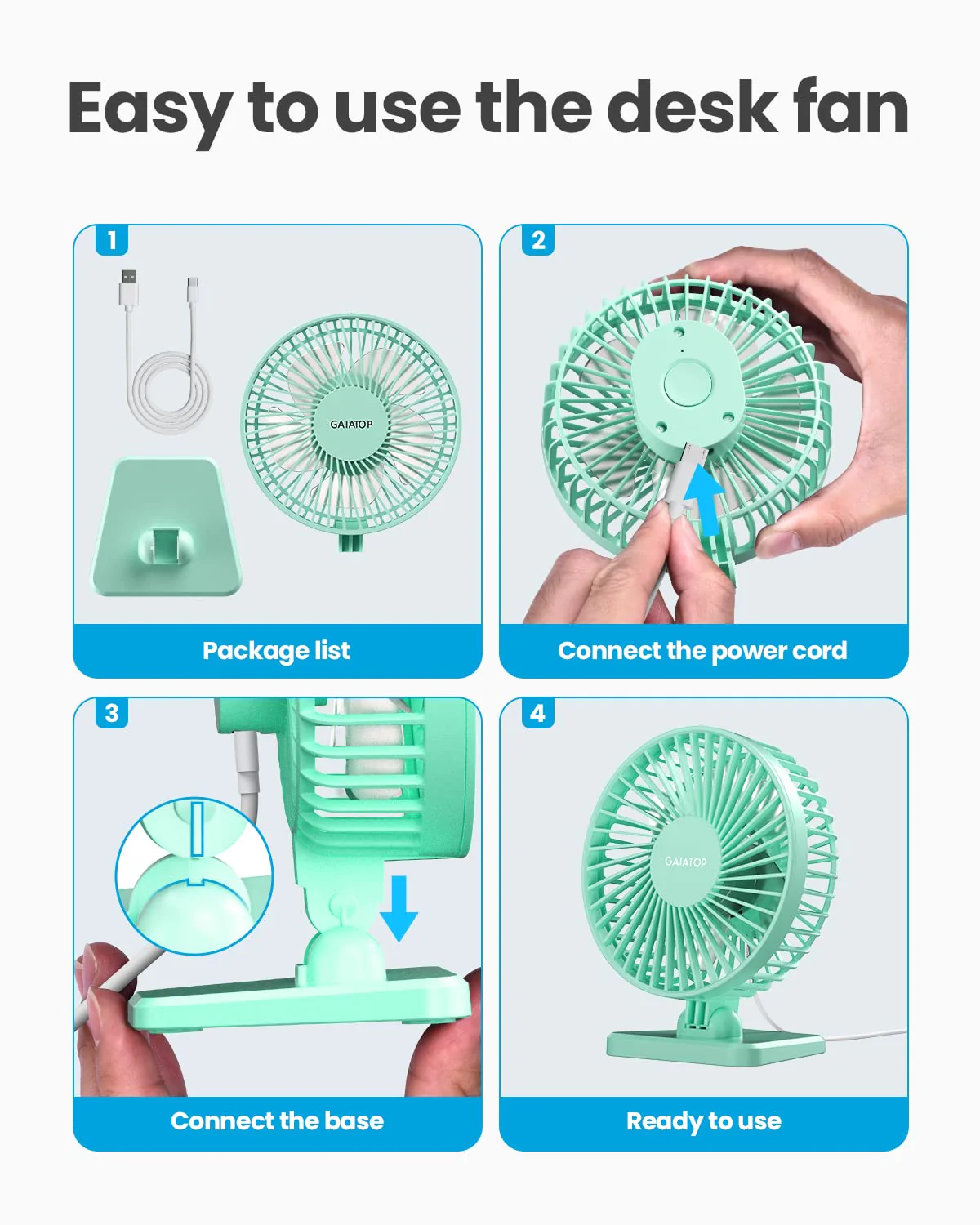 Gaiatop USB Desk Fan, Small But Powerful, Personal Portable Quiet 3 Speeds, Adjustment Mini Table Desktop for Better Cooling Home Office Car Indoor Outdoor Green - Image 8