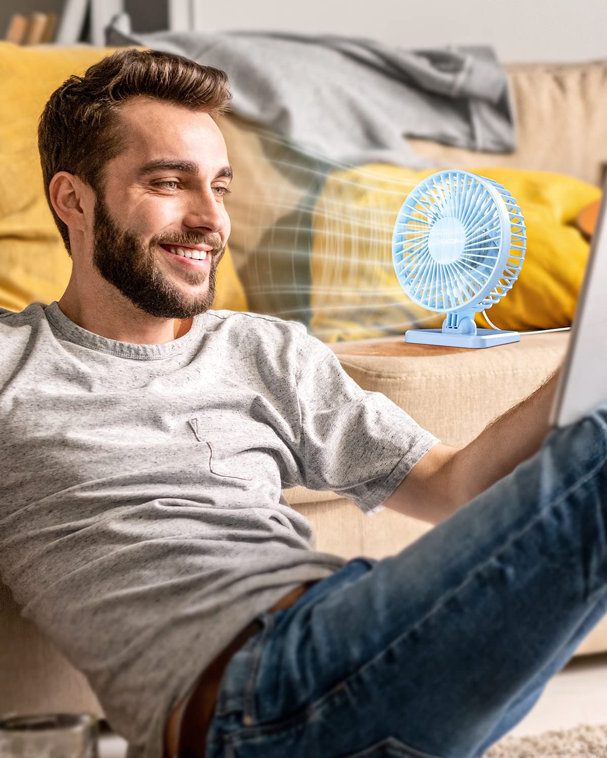 Gaiatop USB Desk Fan, Small But Powerful, Personal Portable Quiet 3 Speeds, Adjustment Mini Table Desktop for Better Cooling Home Office Car Indoor Outdoor Light blue - Image 2