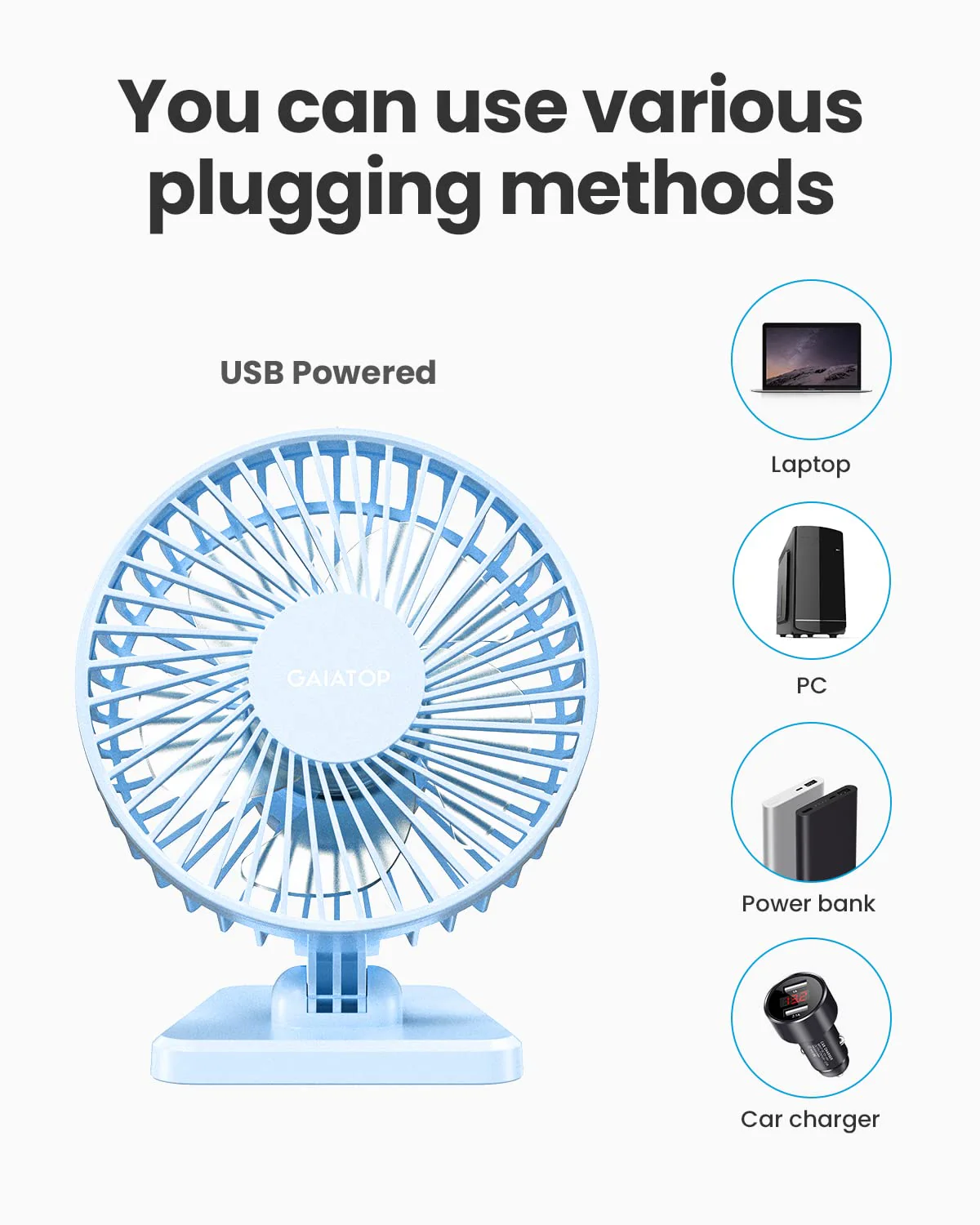 Gaiatop USB Desk Fan, Small But Powerful, Personal Portable Quiet 3 Speeds, Adjustment Mini Table Desktop for Better Cooling Home Office Car Indoor Outdoor Light blue - Image 6