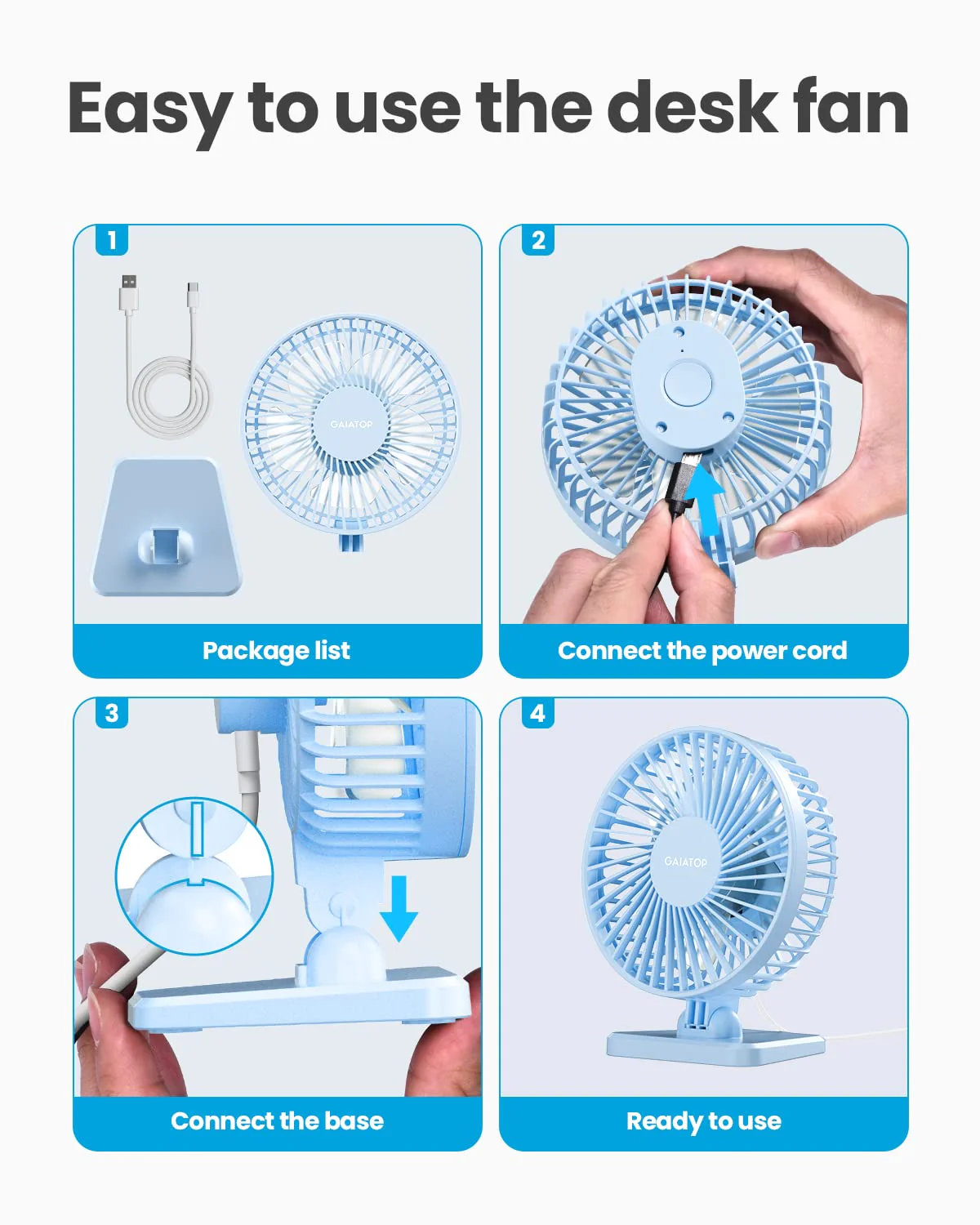 Gaiatop USB Desk Fan, Small But Powerful, Personal Portable Quiet 3 Speeds, Adjustment Mini Table Desktop for Better Cooling Home Office Car Indoor Outdoor Light blue - Image 8