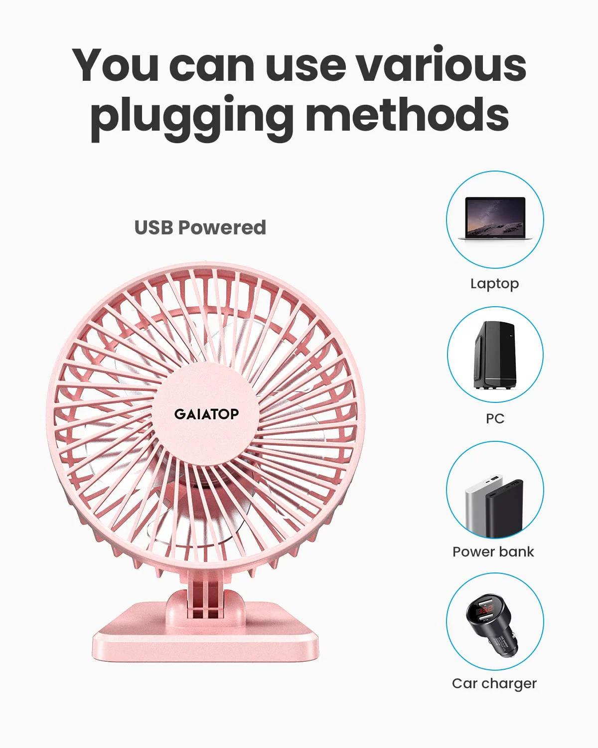 Gaiatop USB Desk Fan, Small But Powerful, Personal Portable Quiet 3 Speeds, Adjustment Mini Table Desktop for Better Cooling Home Office Car Indoor Outdoor Pink - Image 6