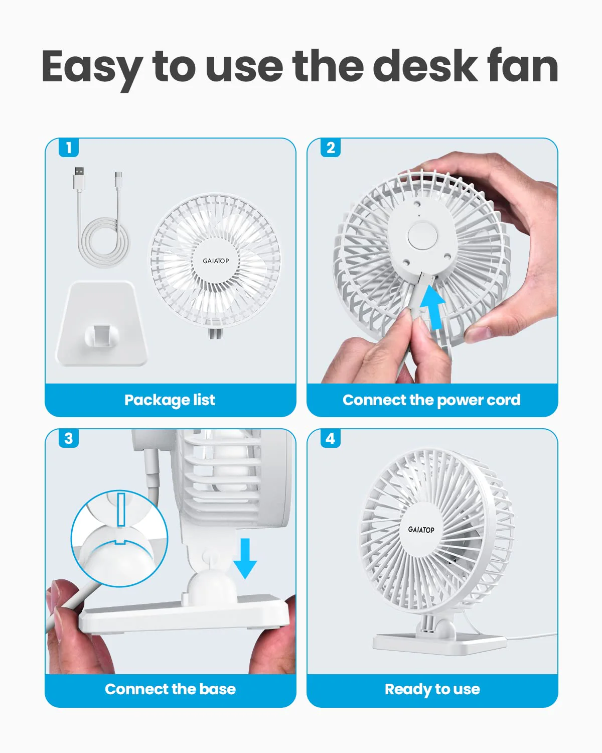 Gaiatop USB Desk Fan, Small But Powerful, Personal Portable Quiet 3 Speeds, Adjustment Mini Table Desktop for Better Cooling Home Office Car Indoor Outdoor White Pure White - Image 8