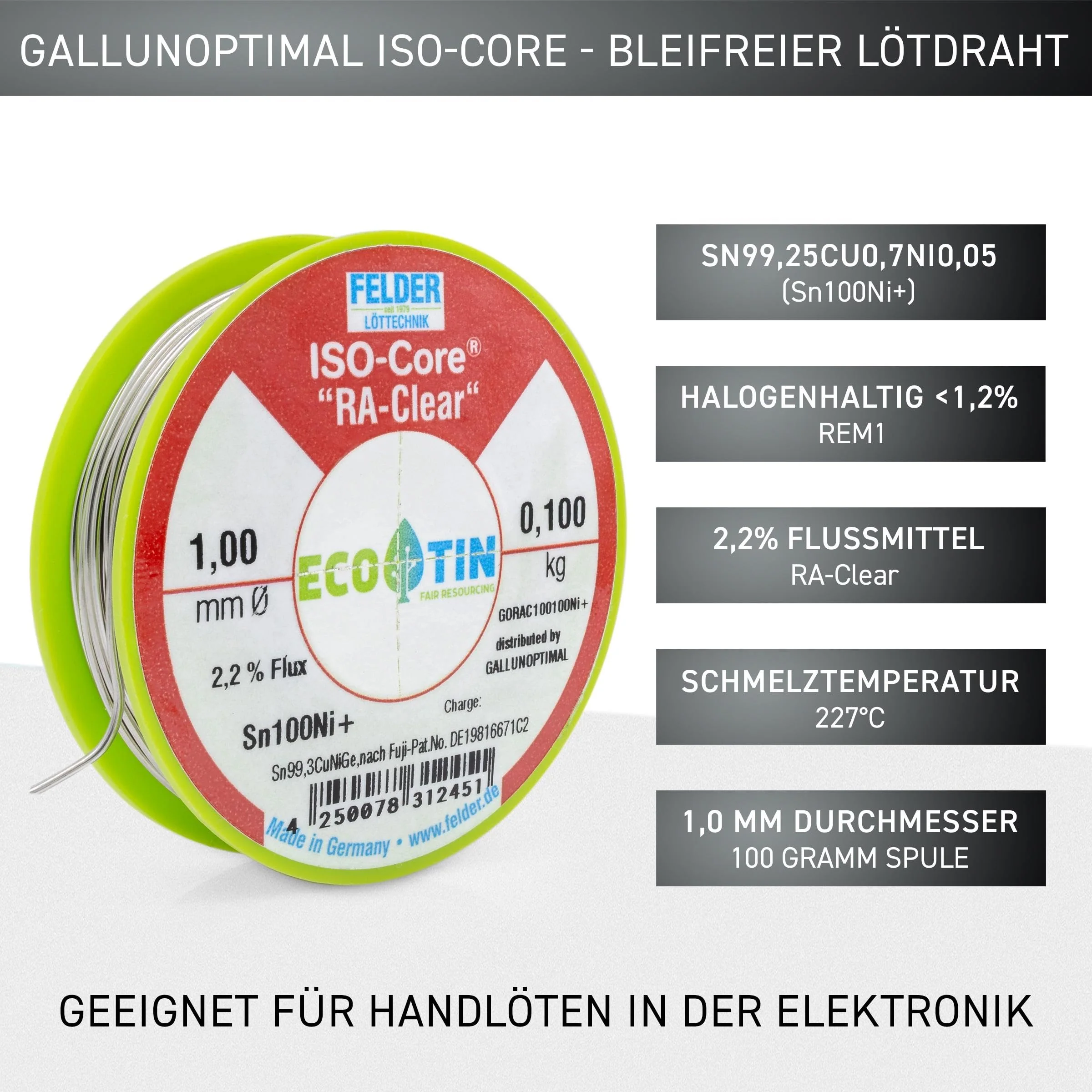 GALLUNOPTIMAL by FELDER Soldering Wire Sn100Ni+ for Stronger Oxidized Soldering Points | 1.0 mm | 100 g Spool | Lead-Free with 2.2% Flux RA-Clear | REM1 | for Electronics, Cables and Electrical 100g Spule / 1,0mm Durchmesser - Image 2