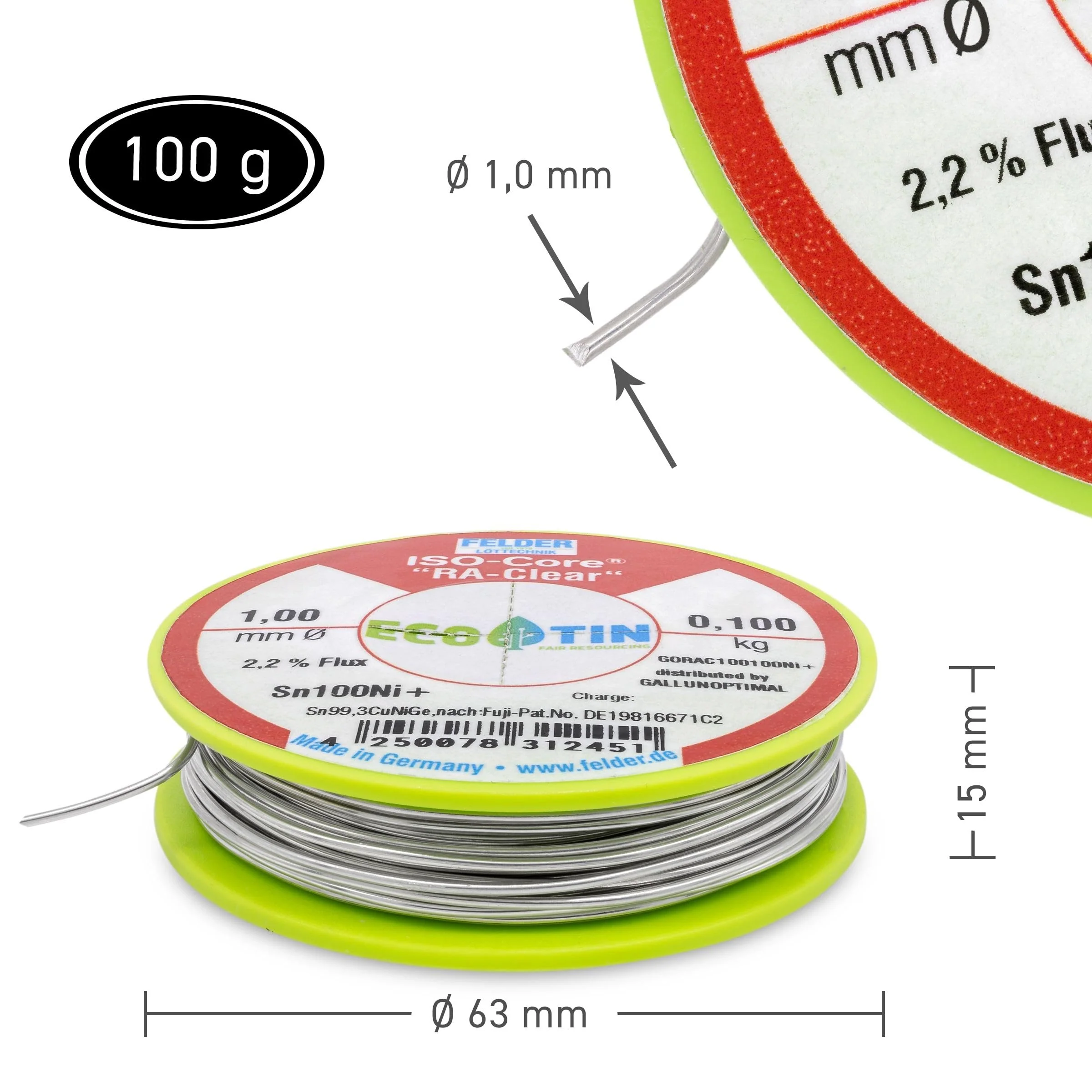 GALLUNOPTIMAL by FELDER Soldering Wire Sn100Ni+ for Stronger Oxidized Soldering Points | 1.0 mm | 100 g Spool | Lead-Free with 2.2% Flux RA-Clear | REM1 | for Electronics, Cables and Electrical 100g Spule / 1,0mm Durchmesser - Image 3