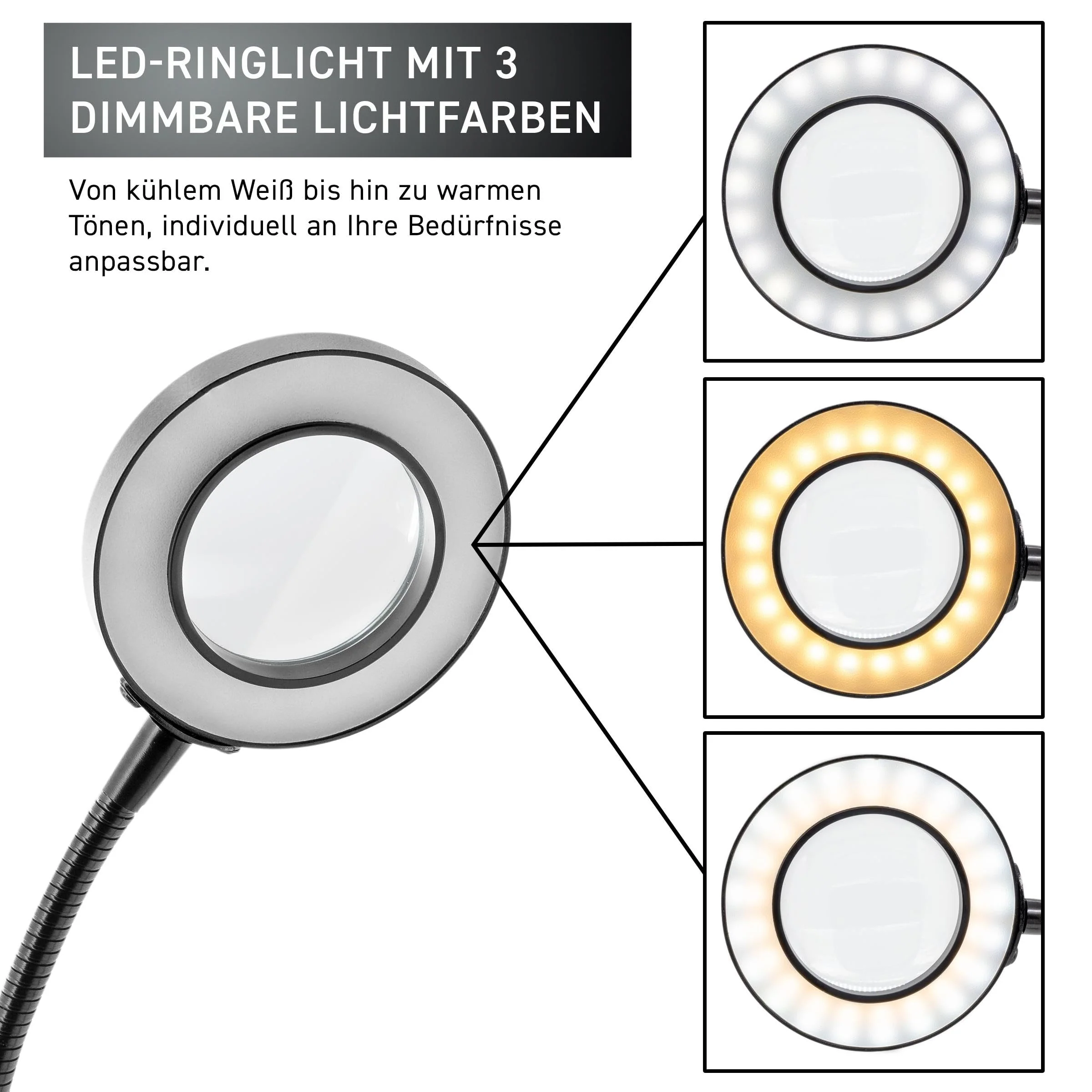 GALLUNOPTIMAL Magnetic Magnifying Lamp with LED Ring Light & Gooseneck - 3 Light Colours Dimmable - USB-A Port - Accessories for GOHH200/400/500 Assembly Fixings LED-Ringlicht mit Lupe - Image 3
