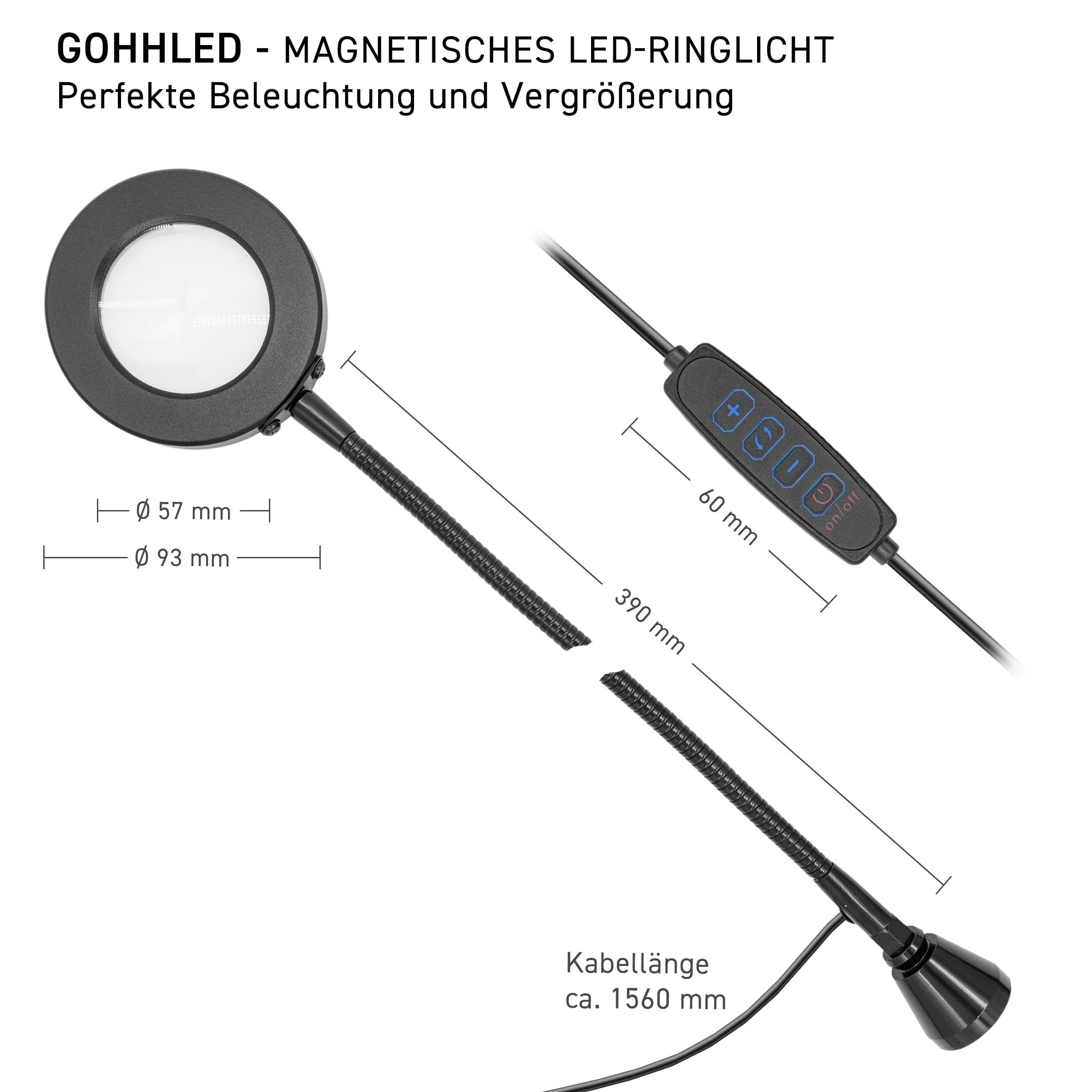 GALLUNOPTIMAL Magnetic Magnifying Lamp with LED Ring Light & Gooseneck - 3 Light Colours Dimmable - USB-A Port - Accessories for GOHH200/400/500 Assembly Fixings LED-Ringlicht mit Lupe - Image 4