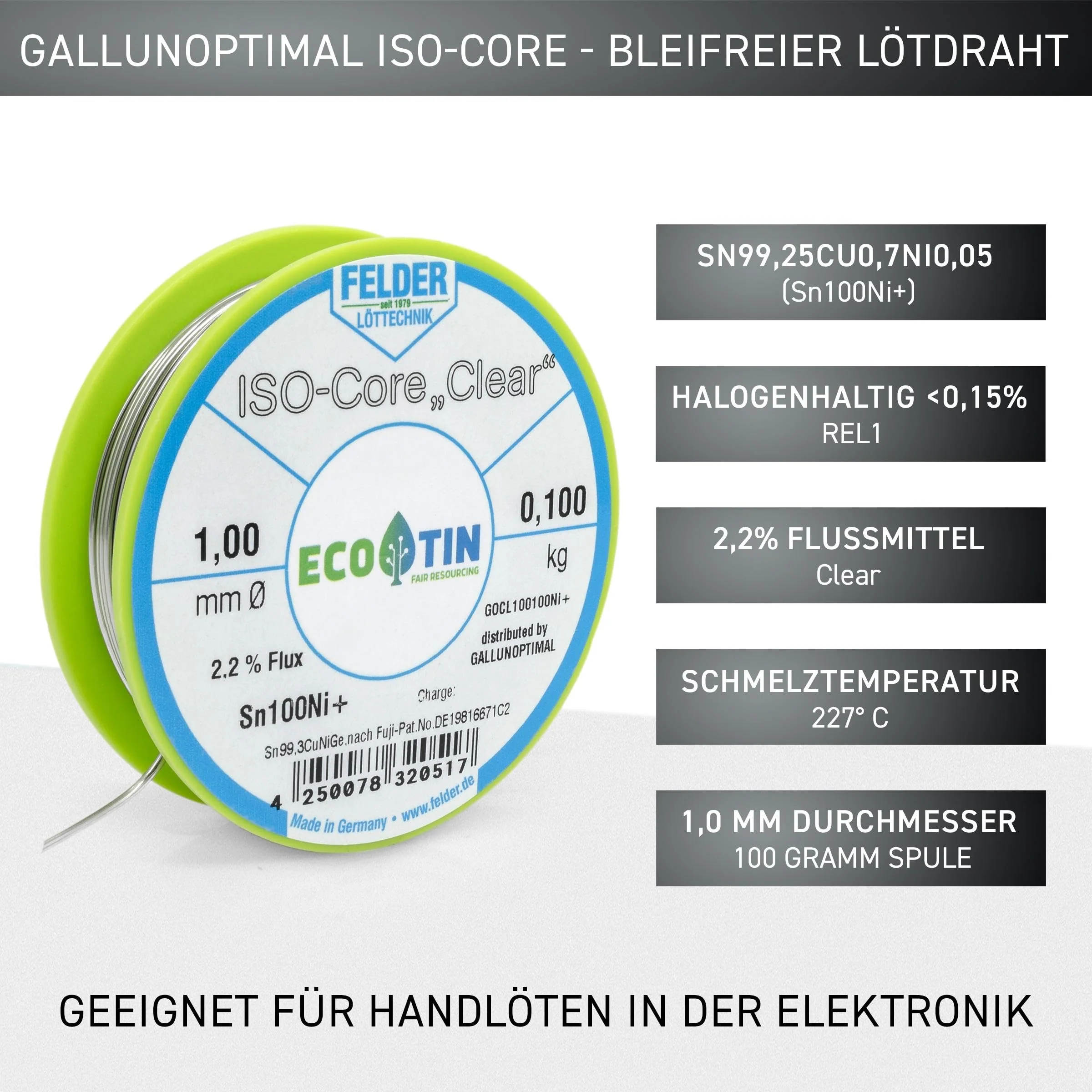 GALLUNOPTIMAL Solder Tin ISO Core Soldering Wire Clear Sn100Ni+ Sn99.3CuNiGe 1 mm on 100 g Spool Made by Felder GmbH in Germany - Image 2