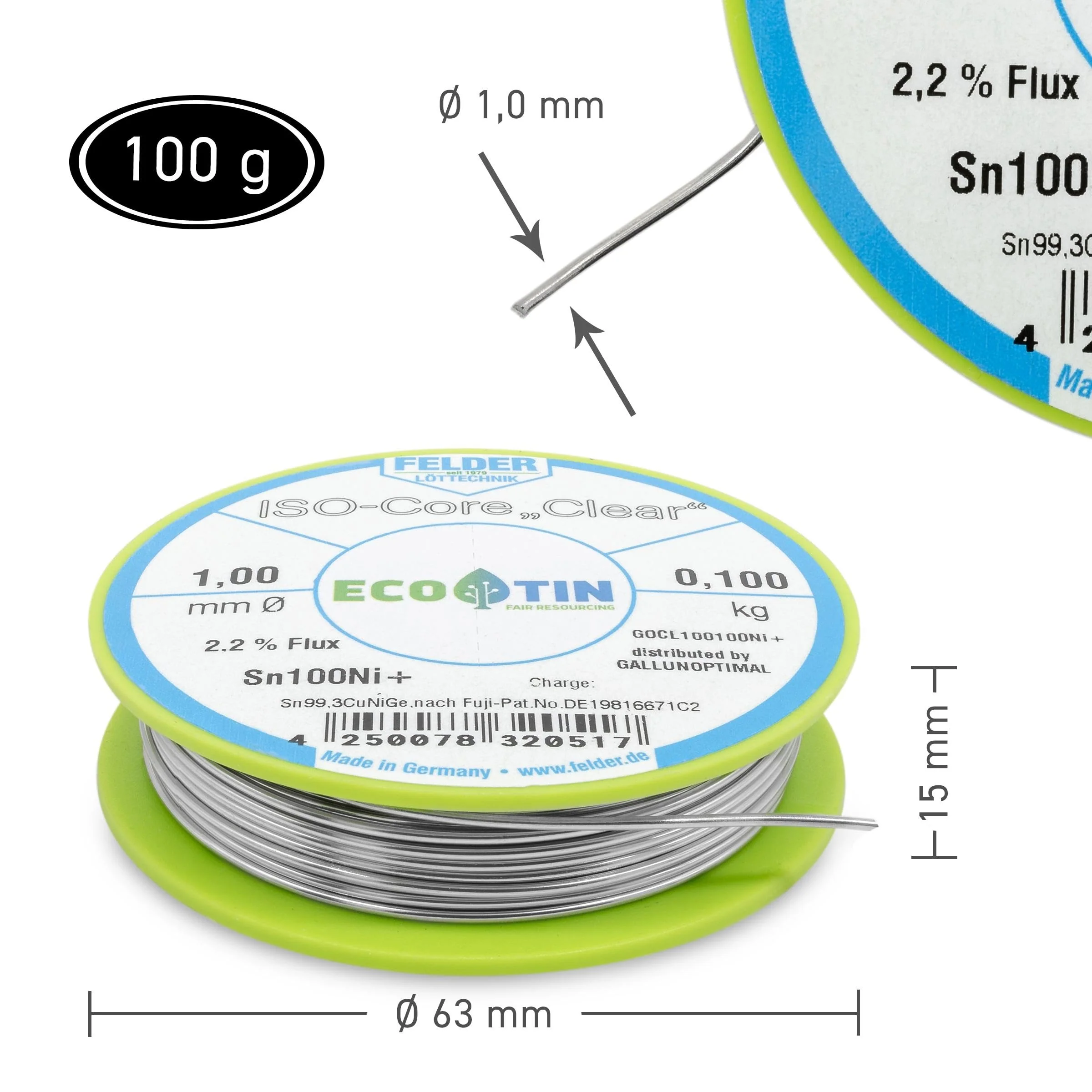 GALLUNOPTIMAL Solder Tin ISO Core Soldering Wire Clear Sn100Ni+ Sn99.3CuNiGe 1 mm on 100 g Spool Made by Felder GmbH in Germany - Image 3