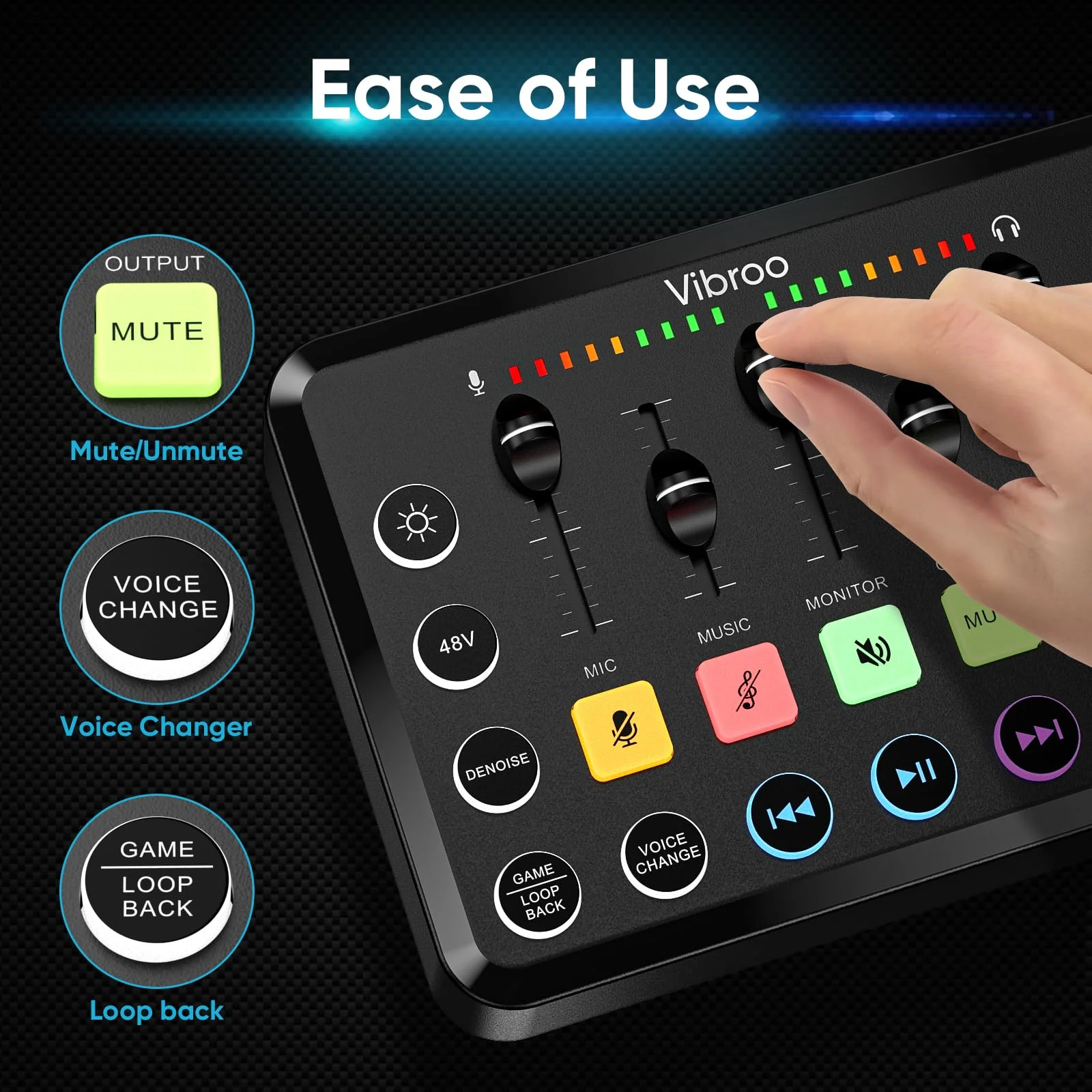 Gaming Audio Mixer, Rechargeable Audio Interface RGB PC Mixer with XLR Microphone Interface, Individual Control, Volume Fader, Mute Button, 48V Phantom Power, for Podcast/Recording - Image 2
