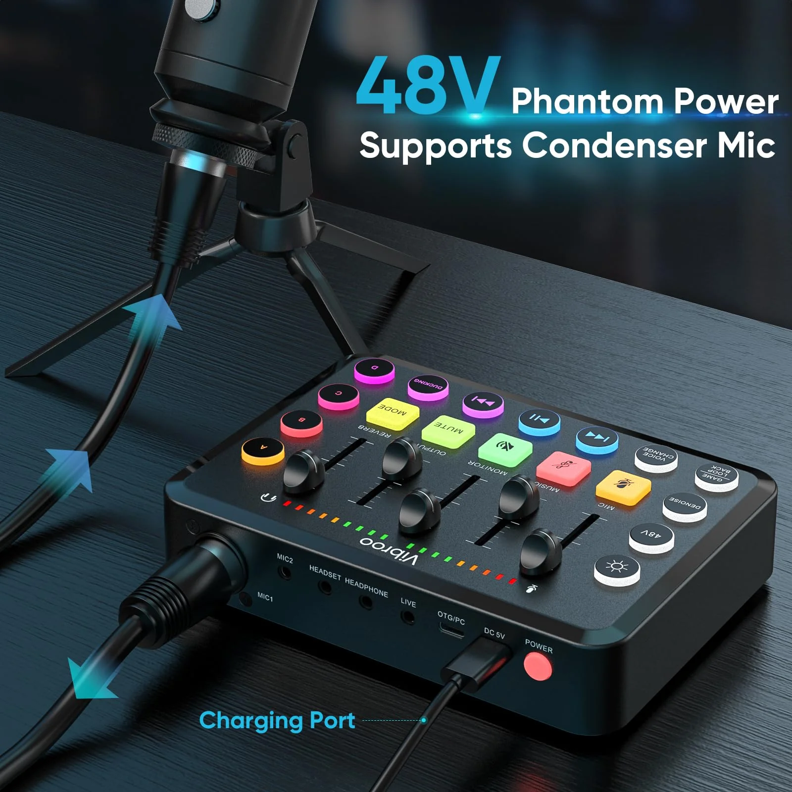 Gaming Audio Mixer, Rechargeable Audio Interface RGB PC Mixer with XLR Microphone Interface, Individual Control, Volume Fader, Mute Button, 48V Phantom Power, for Podcast/Recording - Image 3