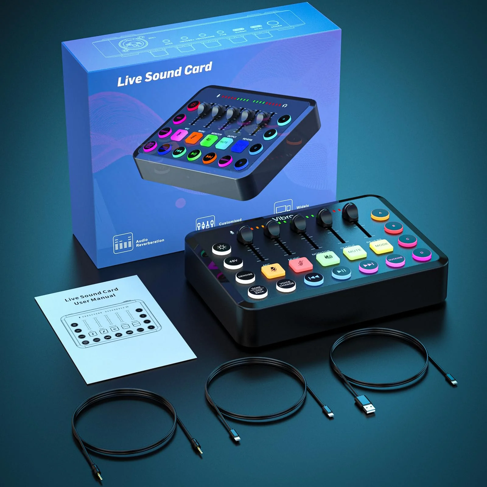Gaming Audio Mixer, Rechargeable Audio Interface RGB PC Mixer with XLR Microphone Interface, Individual Control, Volume Fader, Mute Button, 48V Phantom Power, for Podcast/Recording - Image 6