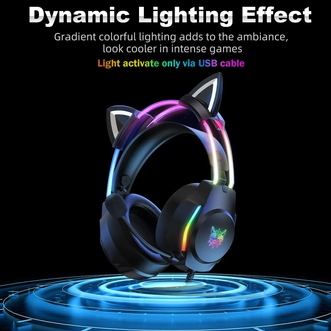 Gaming Headset with Microphone, Cat Ear Headphones for PC Laptop PS4 PS5 Xbox Switch, Rainbow RGB Lighting & Virtual Surround Sound, 3.5mm Wired Over Ear Headphones, Ergonomic Black Cat Ear - Image 2