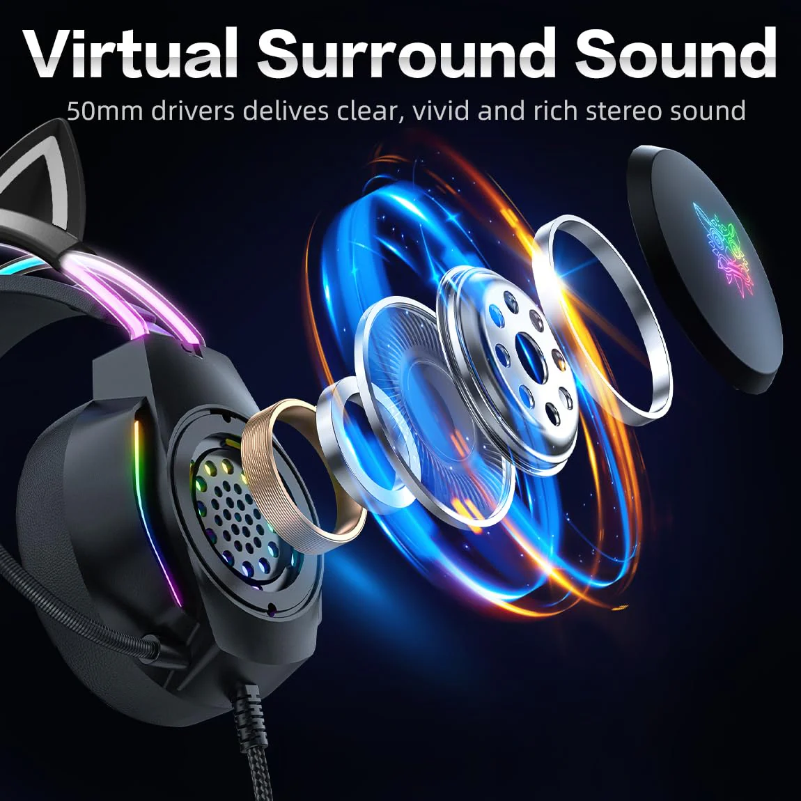 Gaming Headset with Microphone, Cat Ear Headphones for PC Laptop PS4 PS5 Xbox Switch, Rainbow RGB Lighting & Virtual Surround Sound, 3.5mm Wired Over Ear Headphones, Ergonomic Black Cat Ear - Image 3