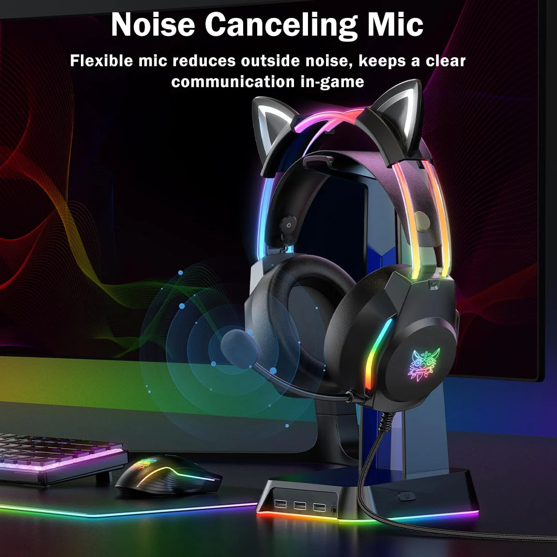 Gaming Headset with Microphone, Cat Ear Headphones for PC Laptop PS4 PS5 Xbox Switch, Rainbow RGB Lighting & Virtual Surround Sound, 3.5mm Wired Over Ear Headphones, Ergonomic Black Cat Ear - Image 4