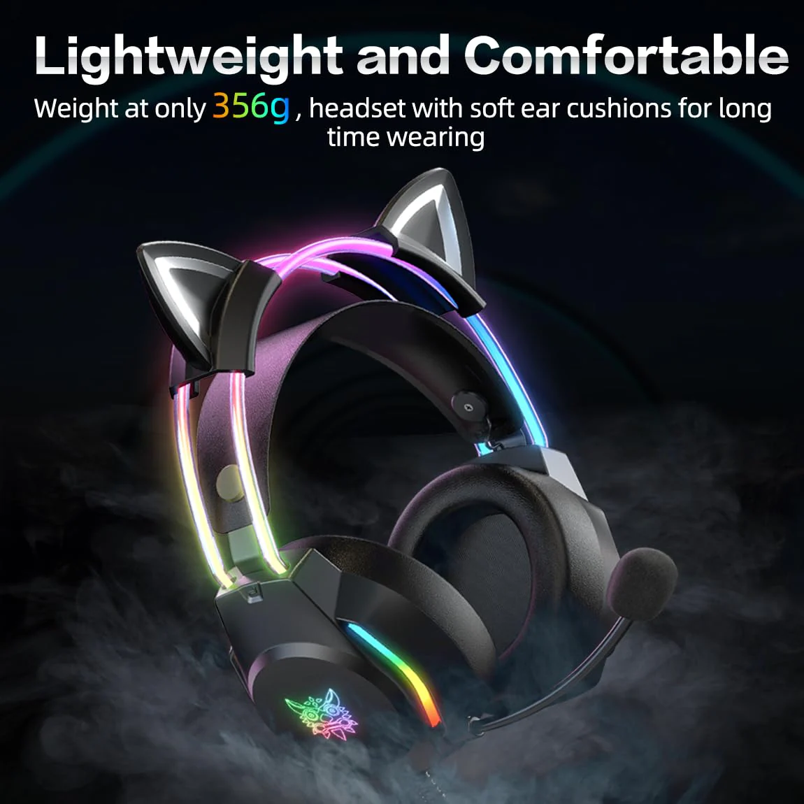 Gaming Headset with Microphone, Cat Ear Headphones for PC Laptop PS4 PS5 Xbox Switch, Rainbow RGB Lighting & Virtual Surround Sound, 3.5mm Wired Over Ear Headphones, Ergonomic Black Cat Ear - Image 5