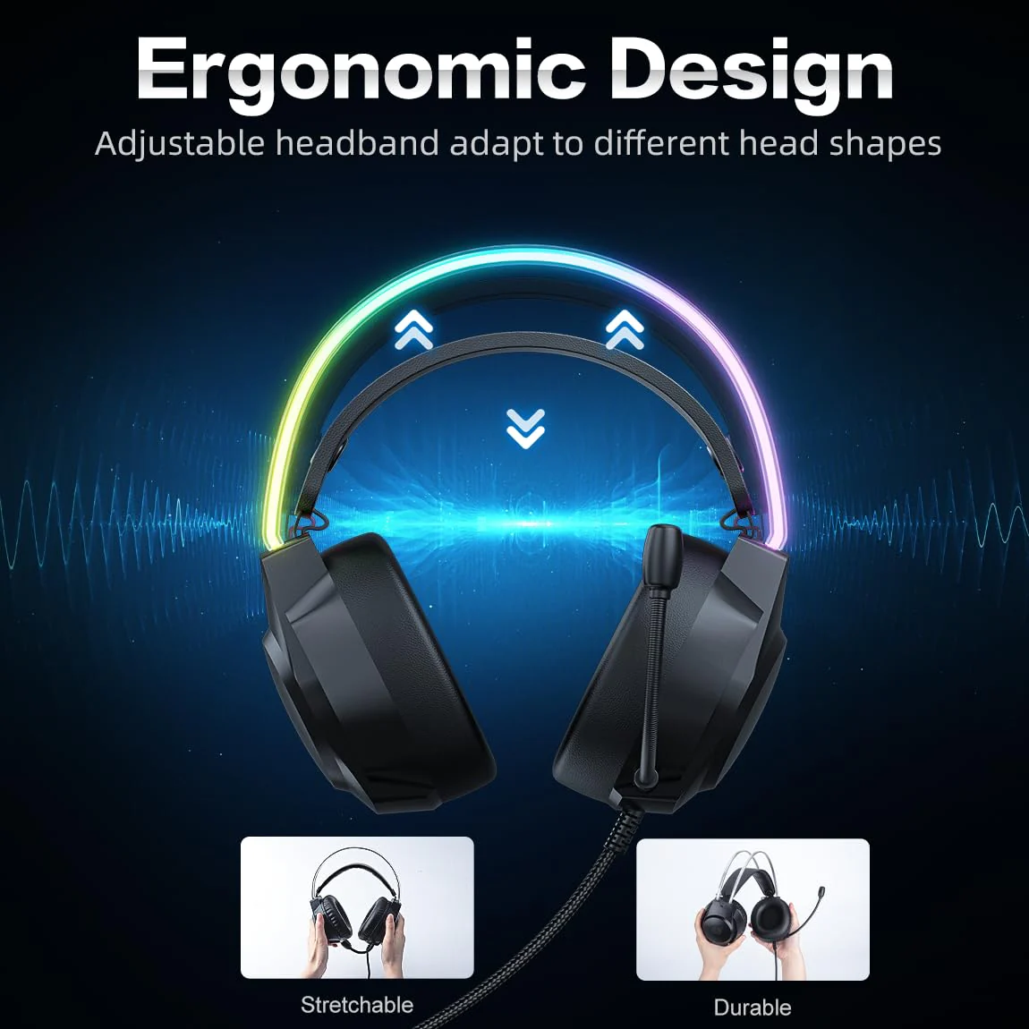 Gaming Headset with Microphone, Cat Ear Headphones for PC Laptop PS4 PS5 Xbox Switch, Rainbow RGB Lighting & Virtual Surround Sound, 3.5mm Wired Over Ear Headphones, Ergonomic Black Cat Ear - Image 6