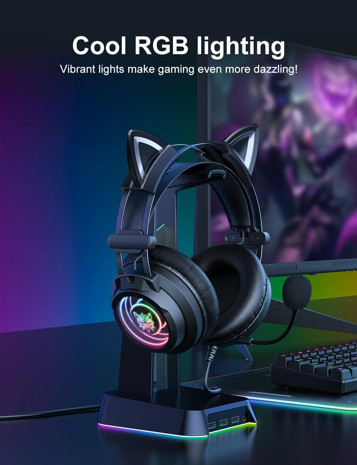 Gaming Headset with Microphone, Detachable Cat Ears, Abyssal Mirror RGB Light, 50 MM Drivers Surround Sound, Lightweight Gaming Headphones for PC/Laptop/PS4/PS5/Switch - Image 4