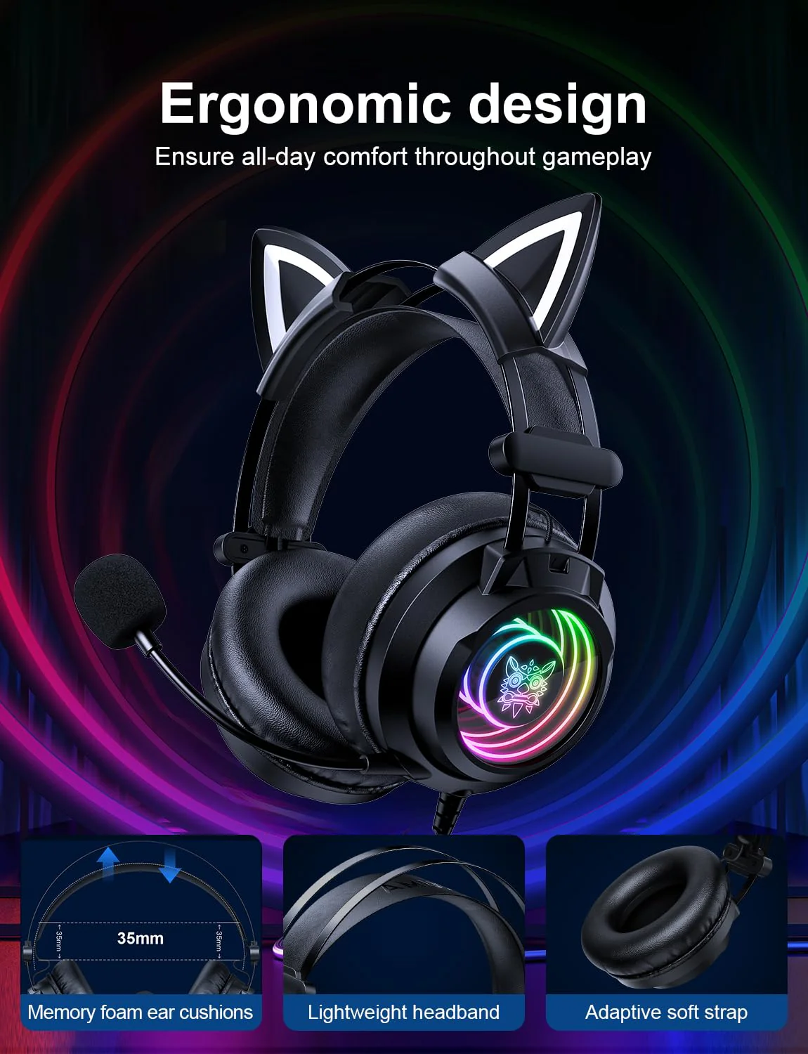 Gaming Headset with Microphone, Detachable Cat Ears, Abyssal Mirror RGB Light, 50 MM Drivers Surround Sound, Lightweight Gaming Headphones for PC/Laptop/PS4/PS5/Switch - Image 6