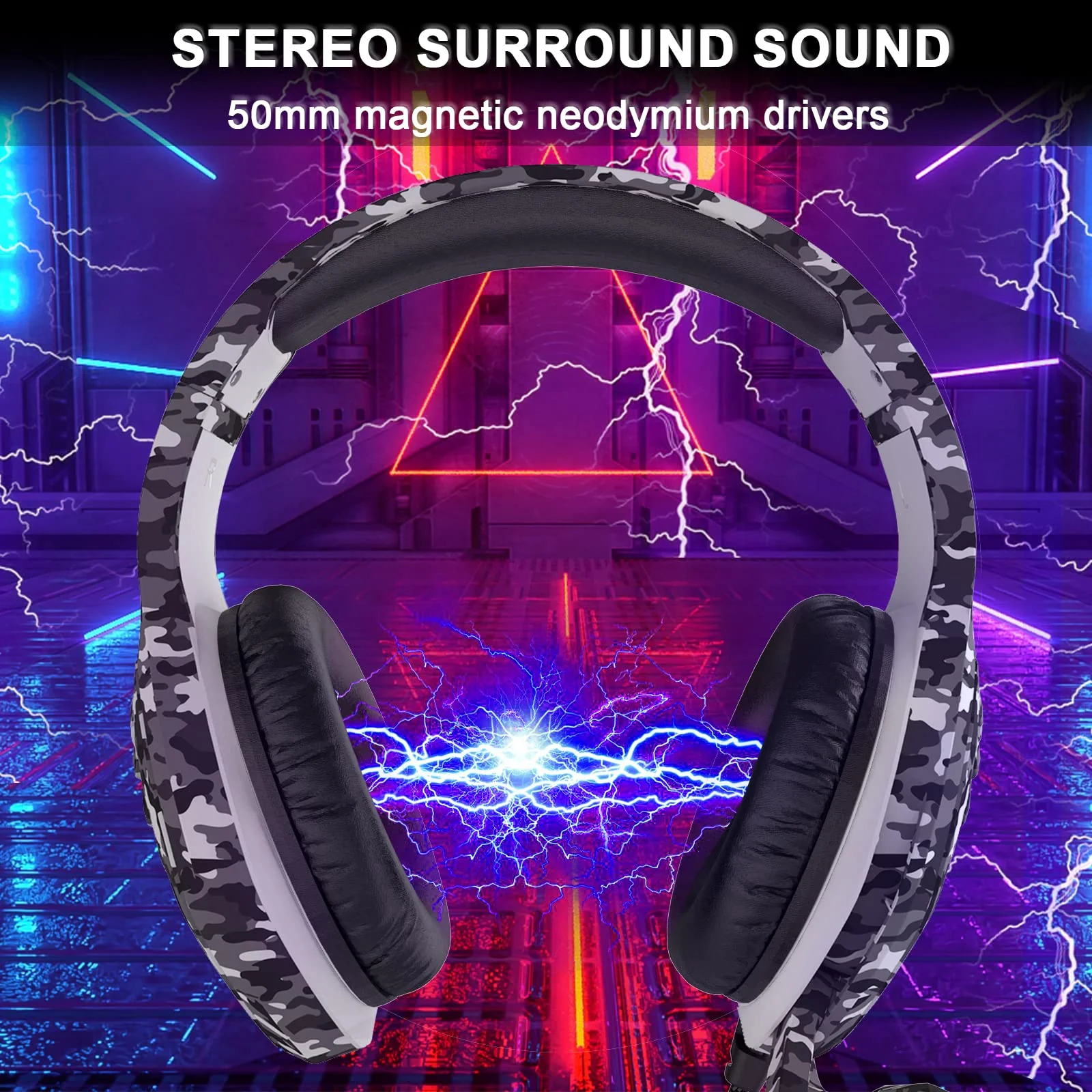 Gaming Headset with Microphone - for PC, PS4, PS5, Switch, Xbox One, Xbox Series X|S - 3.5mm Jack Gamer Headphone with Noise Canceling Mic (Camo Black) Camo&Black - Image 2