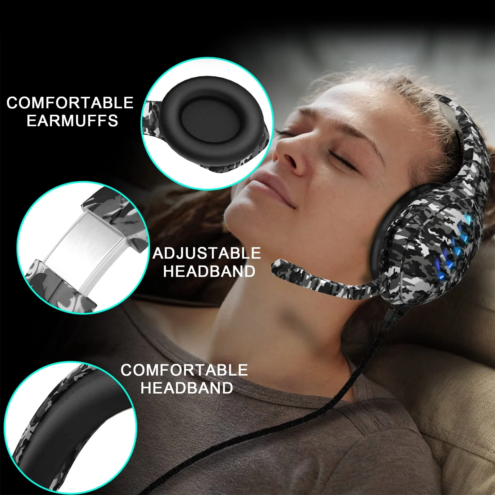 Gaming Headset with Microphone - for PC, PS4, PS5, Switch, Xbox One, Xbox Series X|S - 3.5mm Jack Gamer Headphone with Noise Canceling Mic (Camo Black) Camo&Black - Image 6