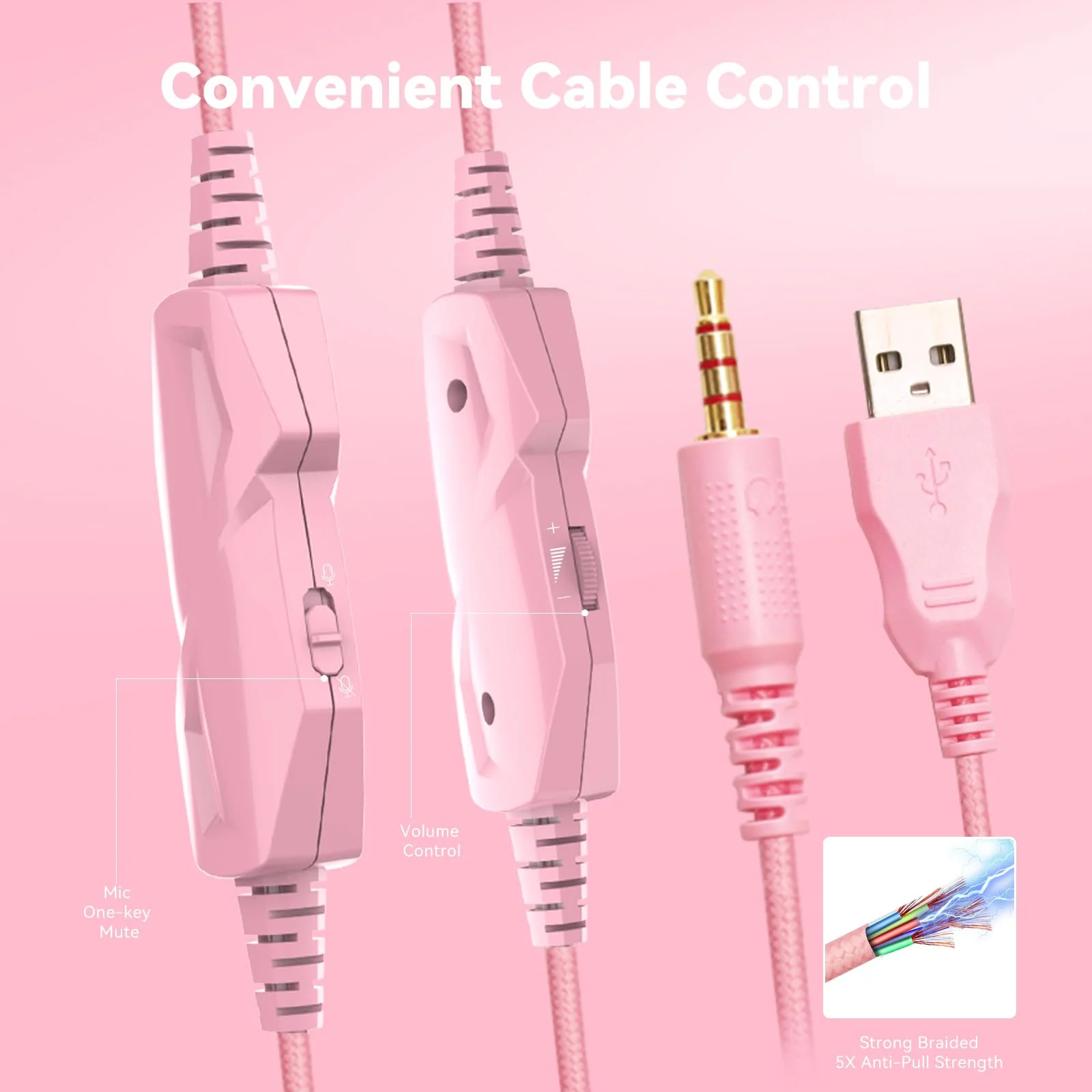 Gaming Headset with Microphone for Pc, Xbox One Series X/s, Ps4, Ps5, Switch, Stereo Wired Noise Cancelling Over-Ear Headphones with Mic, RGB, for Computer, Laptop, Mac, Nintendo (Pink) Pink - Image 5