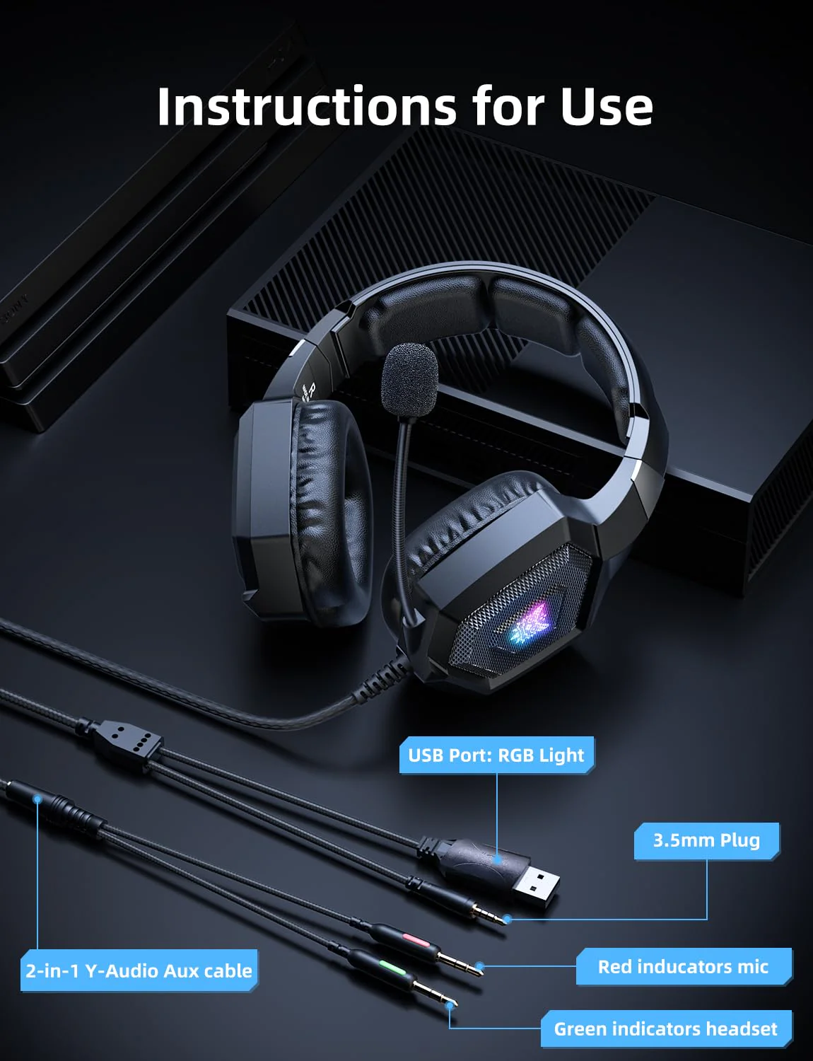 Gaming Headset with Microphone, Gaming Headphones Compatible for PS4 PS5 Xbox PC with RGB Lights, PlayStation Headset with Noise Reduction 7.1 Surround Sound Over-Ear and Wired 3.5mm Jack (Black) - Image 6