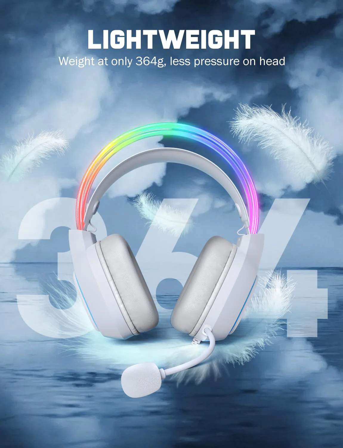 Gaming Headset with Microphone, RGB Lights, Detachable Cat Ear, Lightweight Over-Ear Headphones with Adjustable Headband for PC, PS4, PS5, Mac, Switch, Surround Sound, in-Line Control, White - Image 4