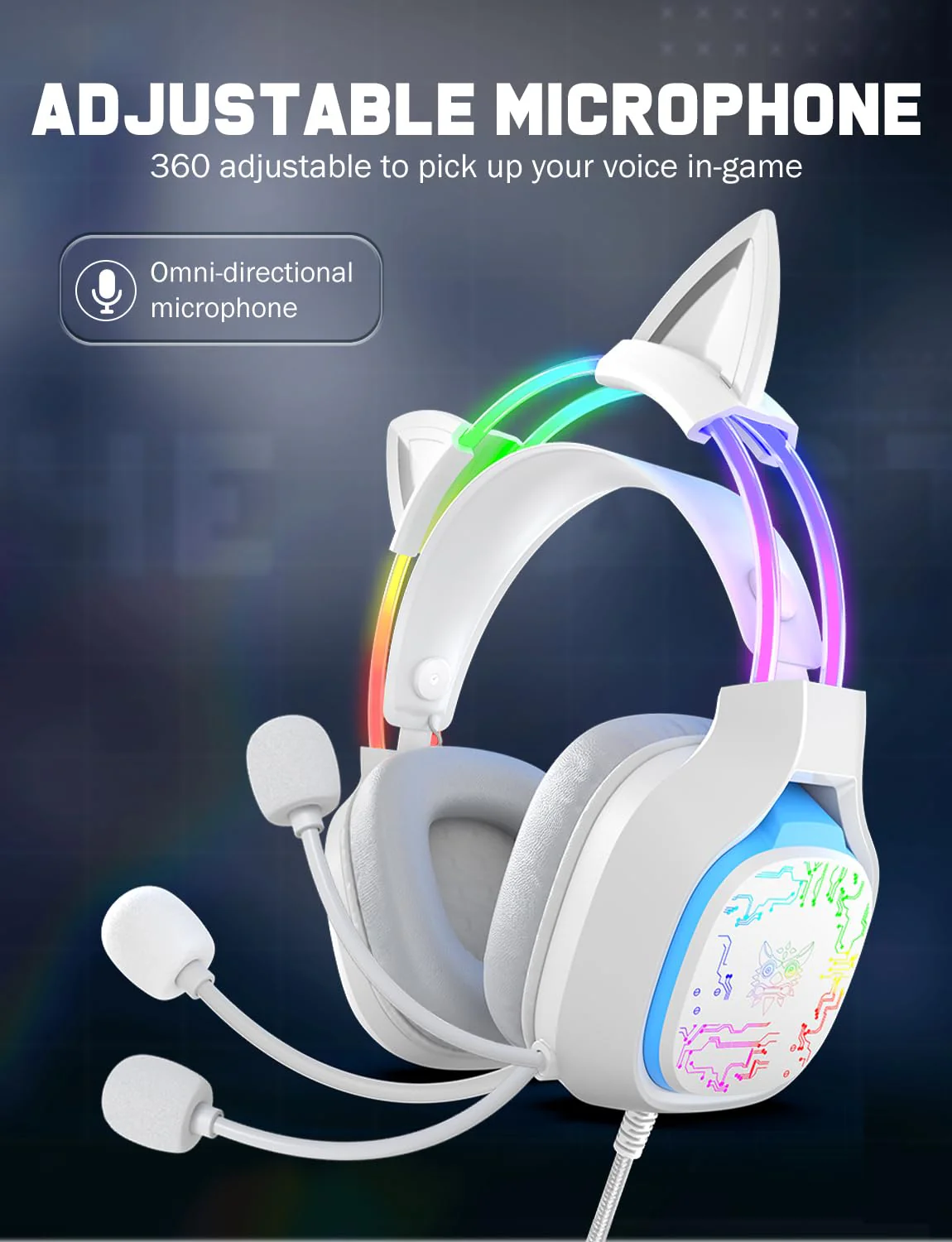 Gaming Headset with Microphone, RGB Lights, Detachable Cat Ear, Lightweight Over-Ear Headphones with Adjustable Headband for PC, PS4, PS5, Mac, Switch, Surround Sound, in-Line Control, White - Image 5