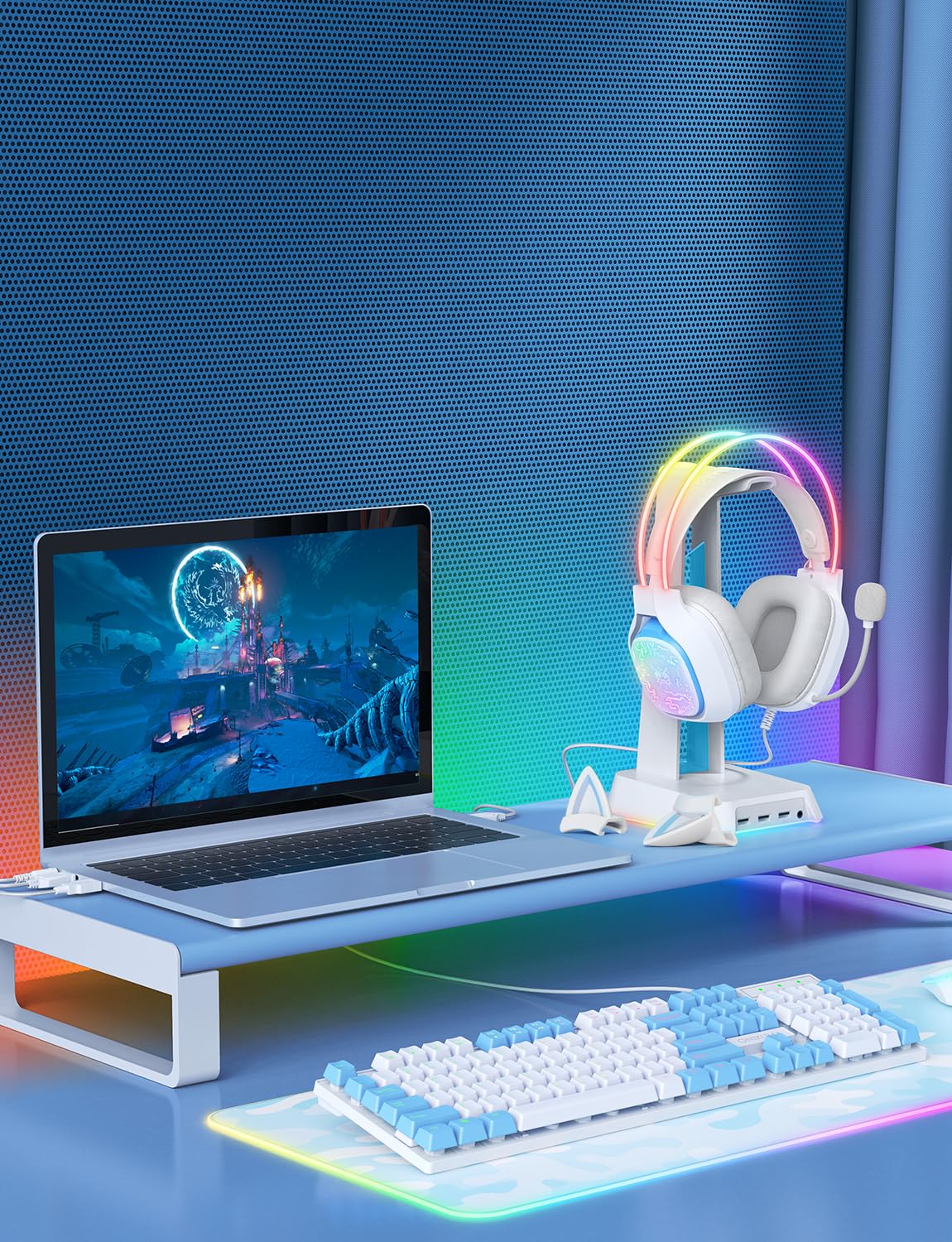 Gaming Headset with Microphone, RGB Lights, Detachable Cat Ear, Lightweight Over-Ear Headphones with Adjustable Headband for PC, PS4, PS5, Mac, Switch, Surround Sound, in-Line Control, White - Image 7